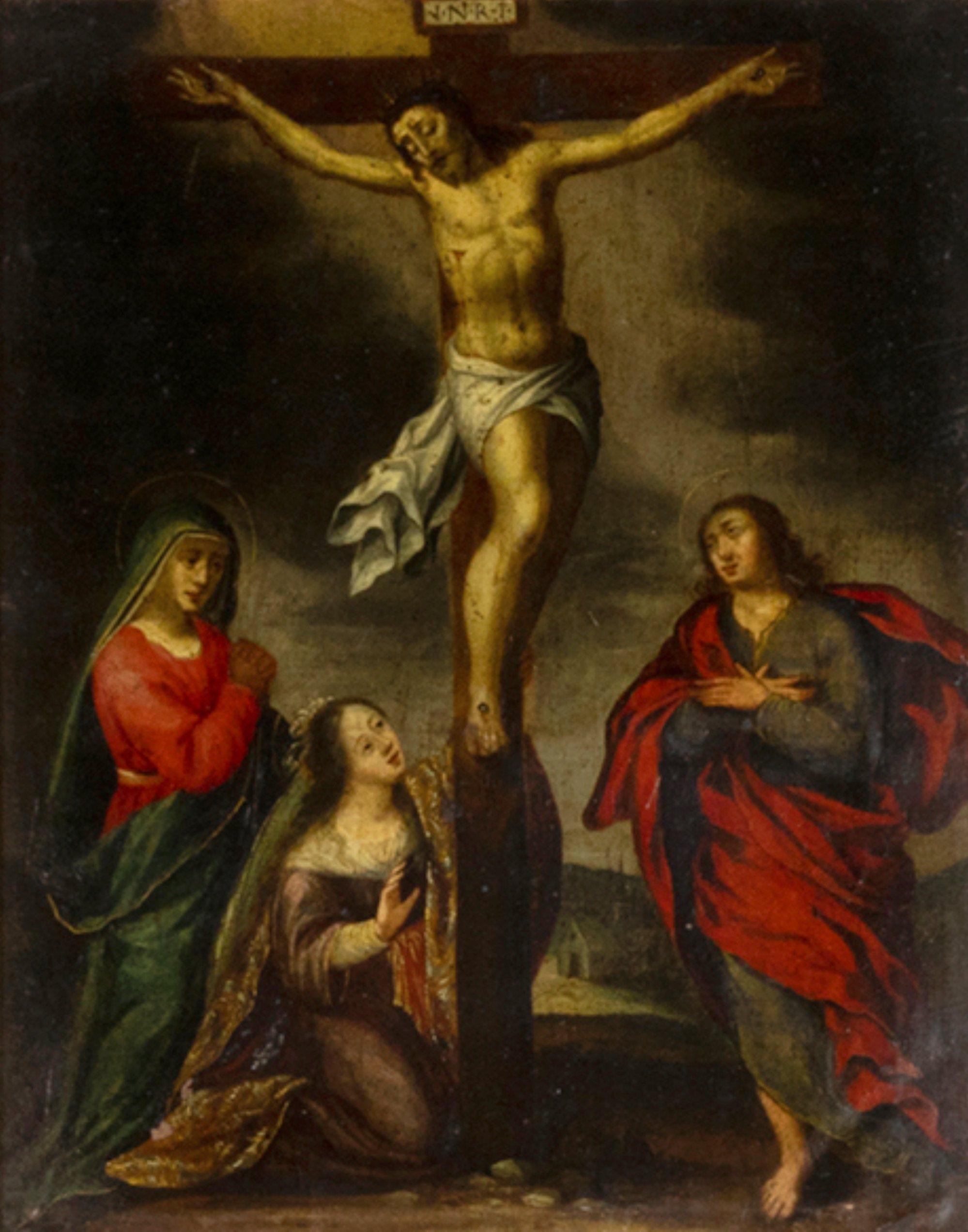 Baroque Crucifixion Of Christ, Religious Painting, Oil On Copper, 17th Century For Sale 1