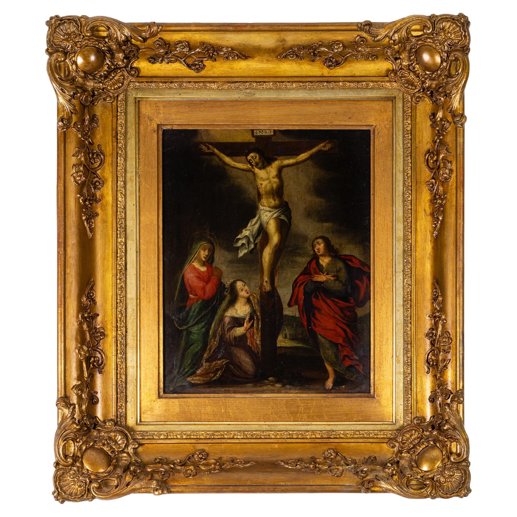 Baroque Crucifixion Of Christ, Religious Painting, Oil On Copper, 17th Century For Sale