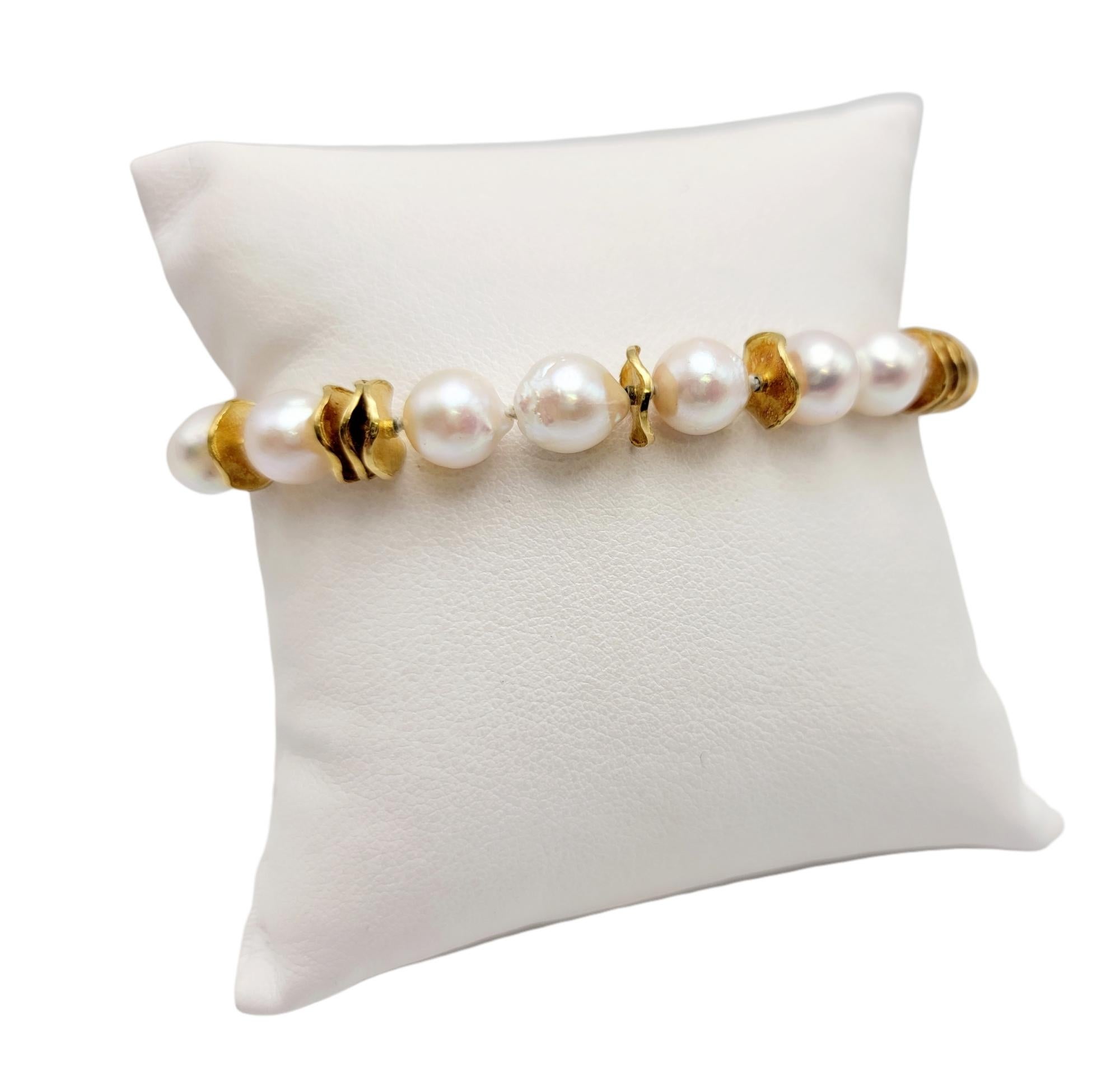 Baroque Cultured Akoya Pearl and 14 Karat Yellow Gold Disc Station Bracelet For Sale 4
