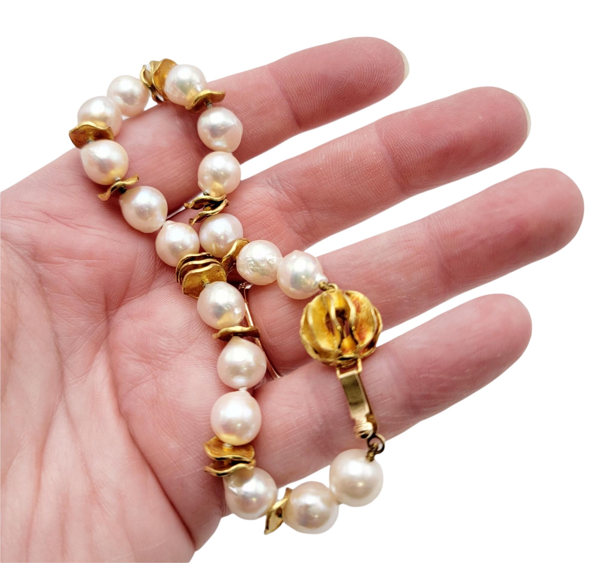 Baroque Cultured Akoya Pearl and 14 Karat Yellow Gold Disc Station Bracelet For Sale 5