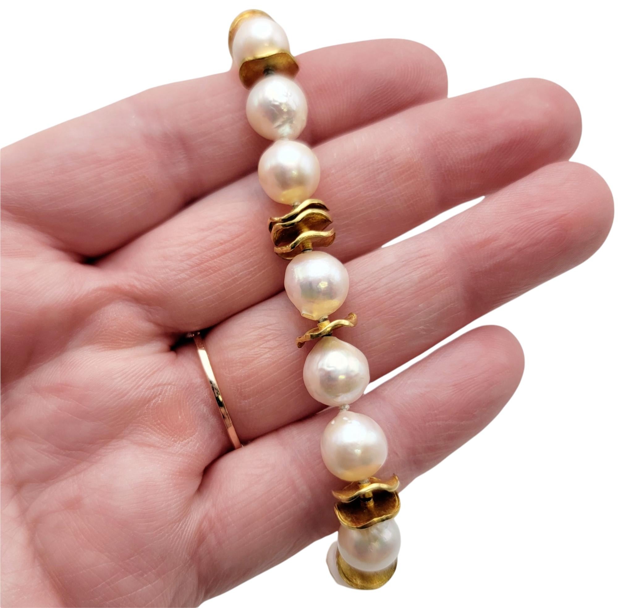 Baroque Cultured Akoya Pearl and 14 Karat Yellow Gold Disc Station Bracelet For Sale 6
