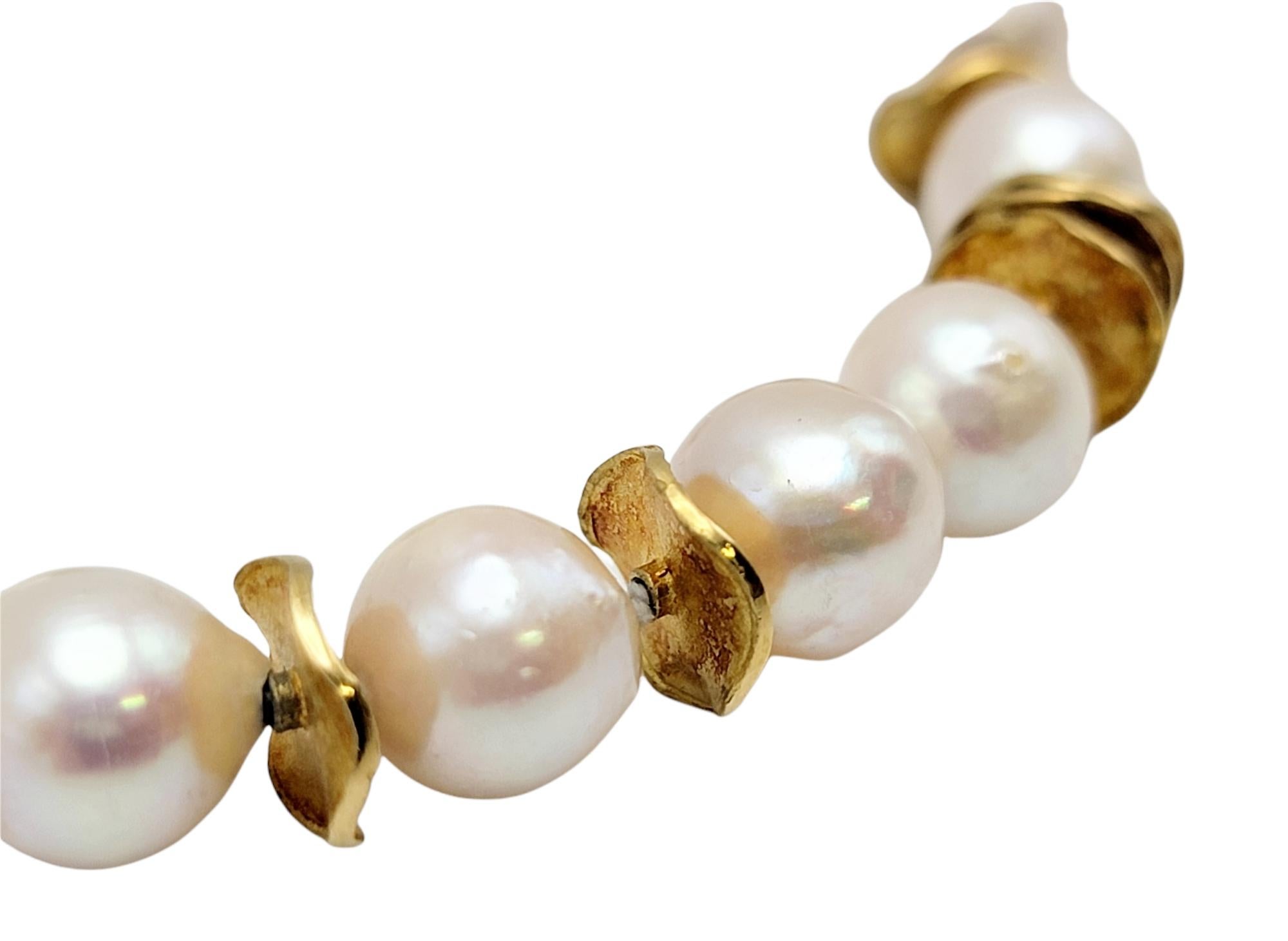 Contemporary Baroque Cultured Akoya Pearl and 14 Karat Yellow Gold Disc Station Bracelet For Sale