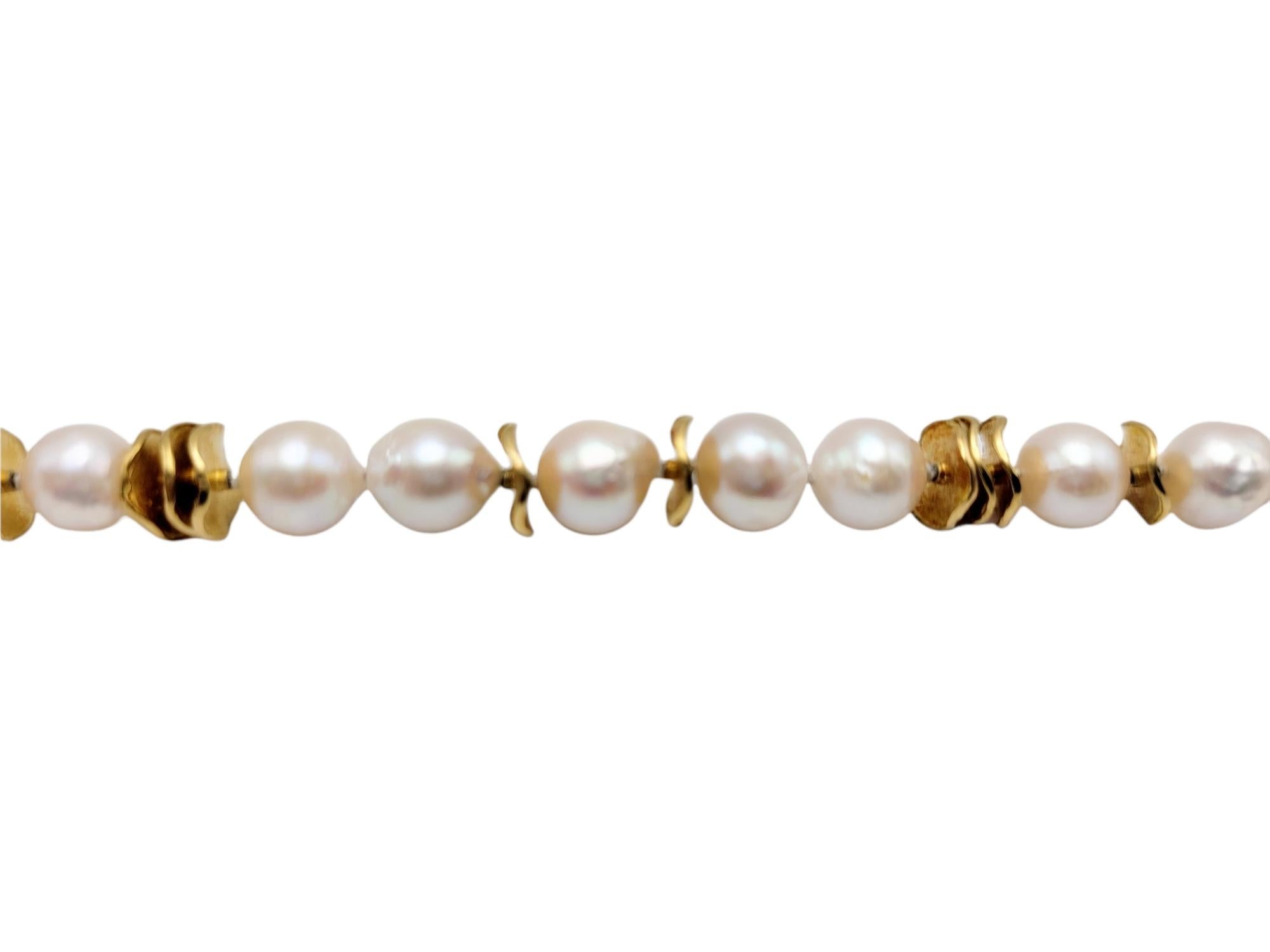 Round Cut Baroque Cultured Akoya Pearl and 14 Karat Yellow Gold Disc Station Bracelet For Sale