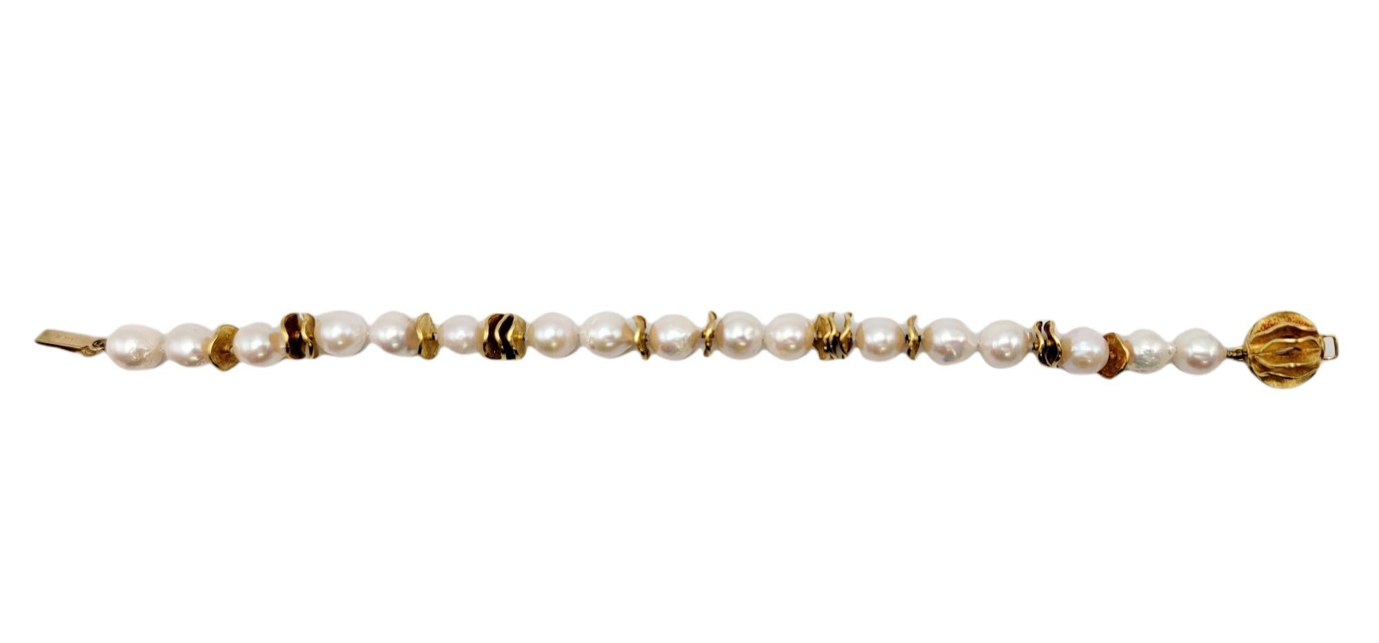 Baroque Cultured Akoya Pearl and 14 Karat Yellow Gold Disc Station Bracelet In Good Condition For Sale In Scottsdale, AZ