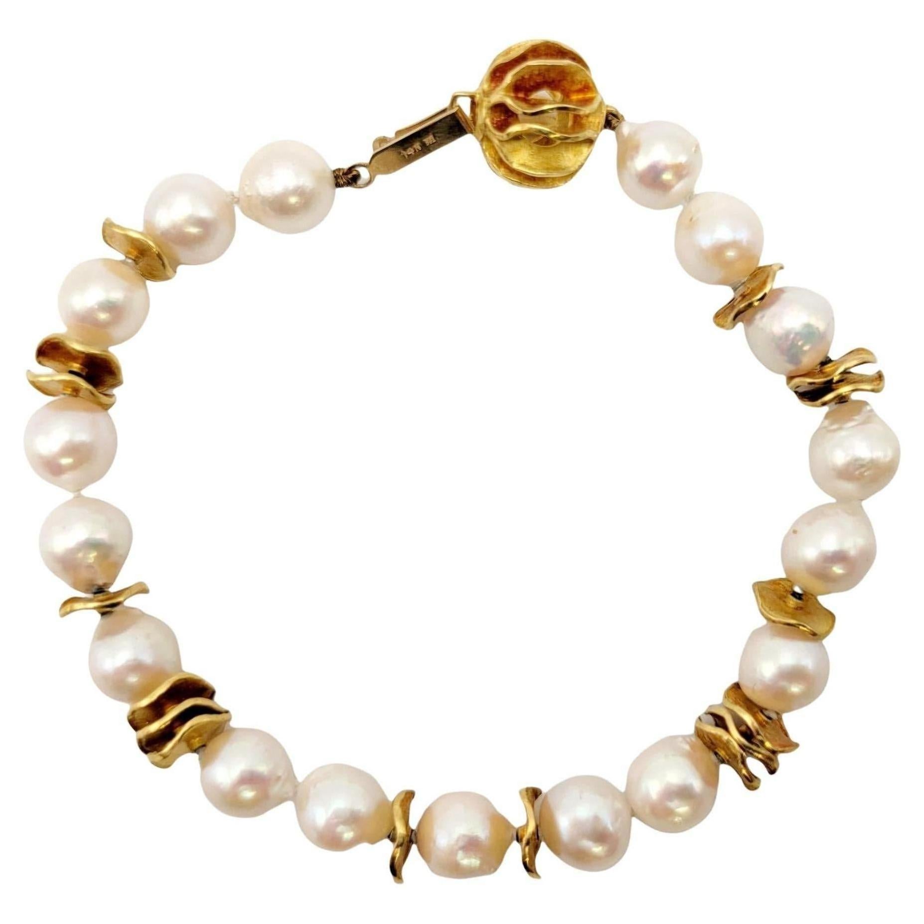 Baroque Cultured Akoya Pearl and 14 Karat Yellow Gold Disc Station Bracelet For Sale