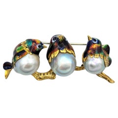 Baroque Cultured Chinese Pearl Three Bird Enamel Brooch in 18 Karat Yellow Gold