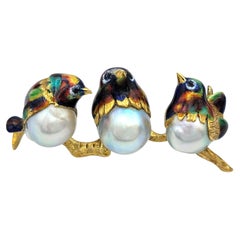 Baroque Cultured Chinese Pearl Three Bird Enamel Brooch in 18 Karat Yellow Gold