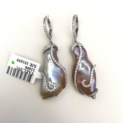 Baroque Cultured Freshwater Pearl Diamond and White Gold Asymmetric Earrings