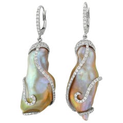 Baroque Cultured Freshwater Pearl Diamond and White Gold Asymmetric Earrings