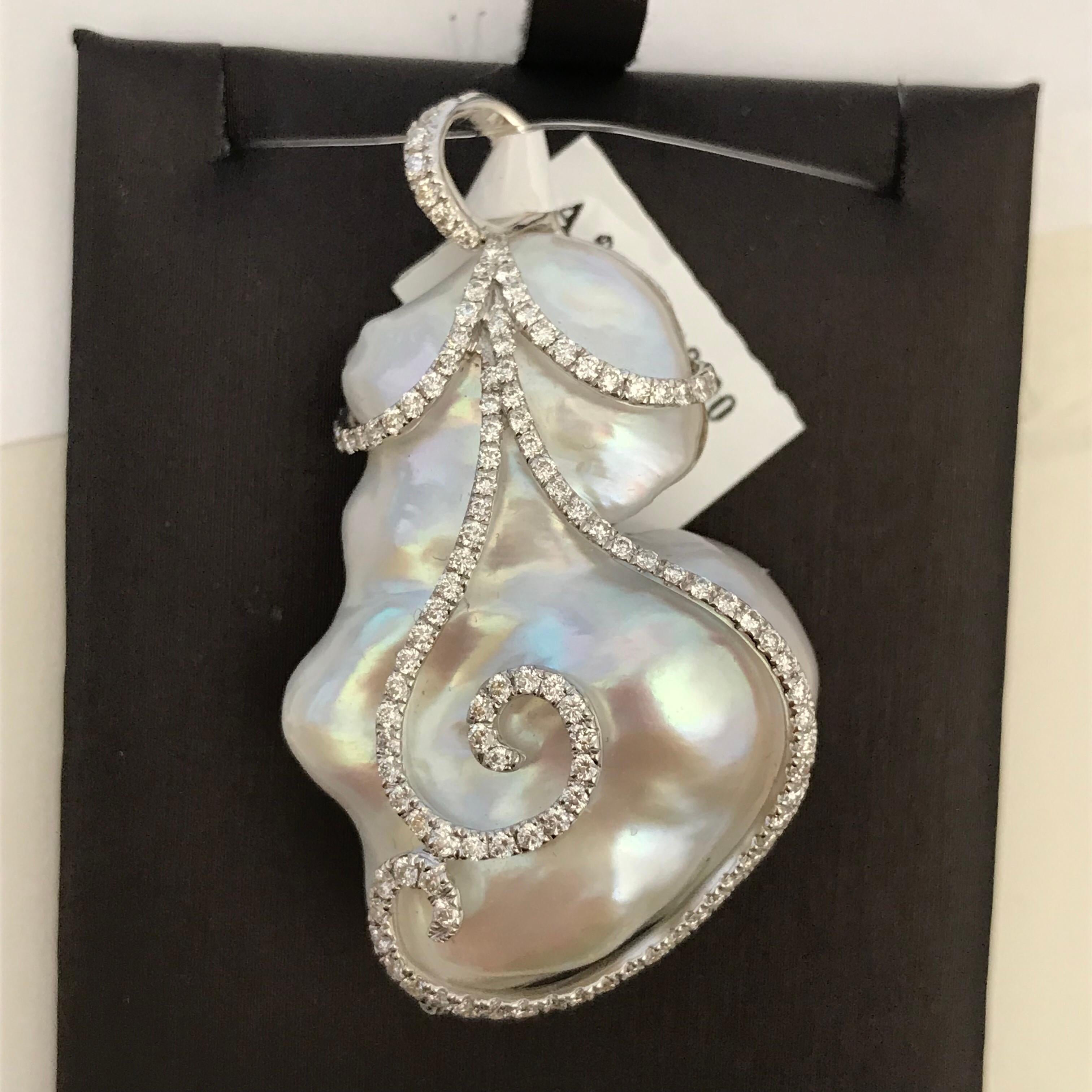 Women's Baroque Cultured Freshwater Pearl Diamond and White Gold Pendant For Sale