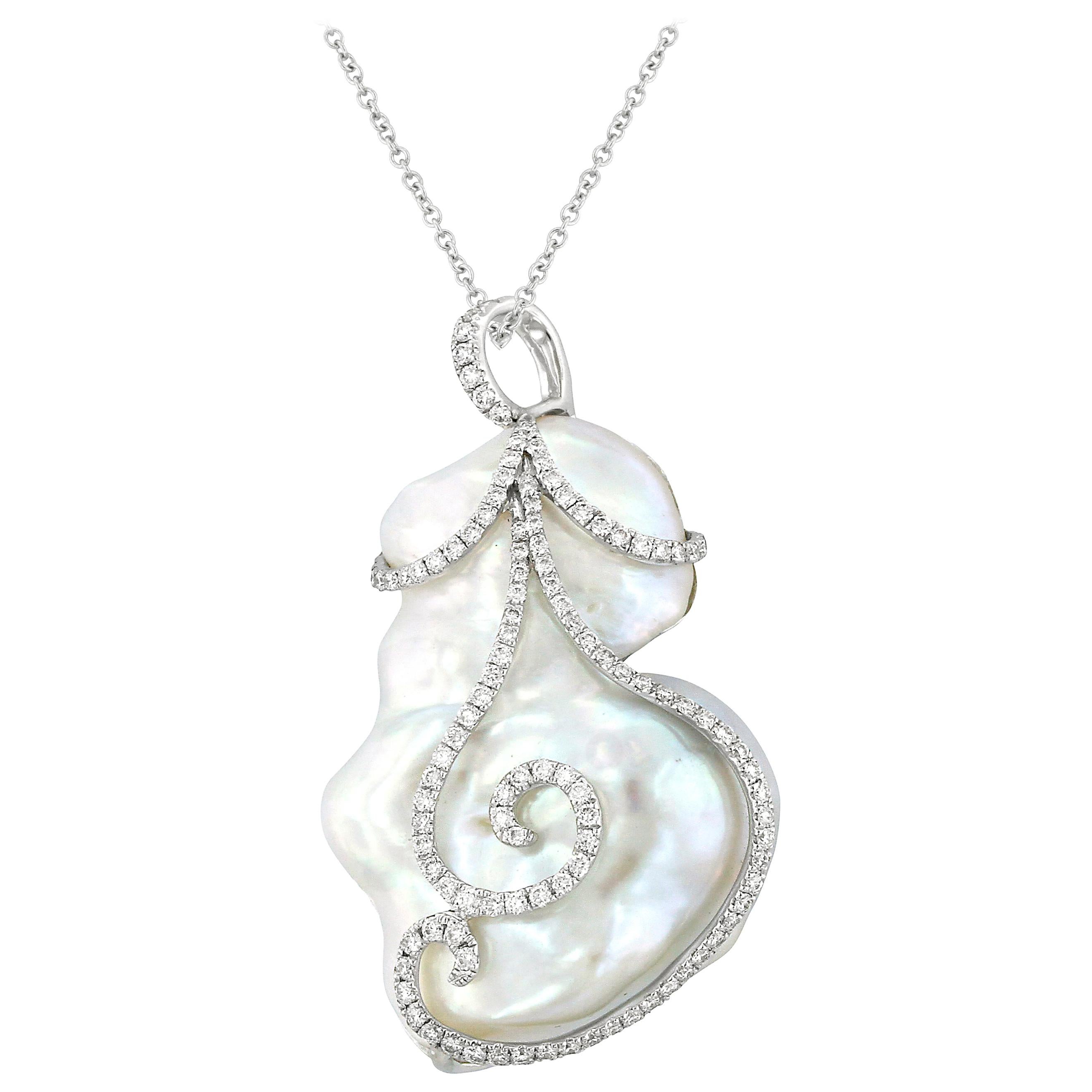 Baroque Cultured Freshwater Pearl Diamond and White Gold Pendant For Sale