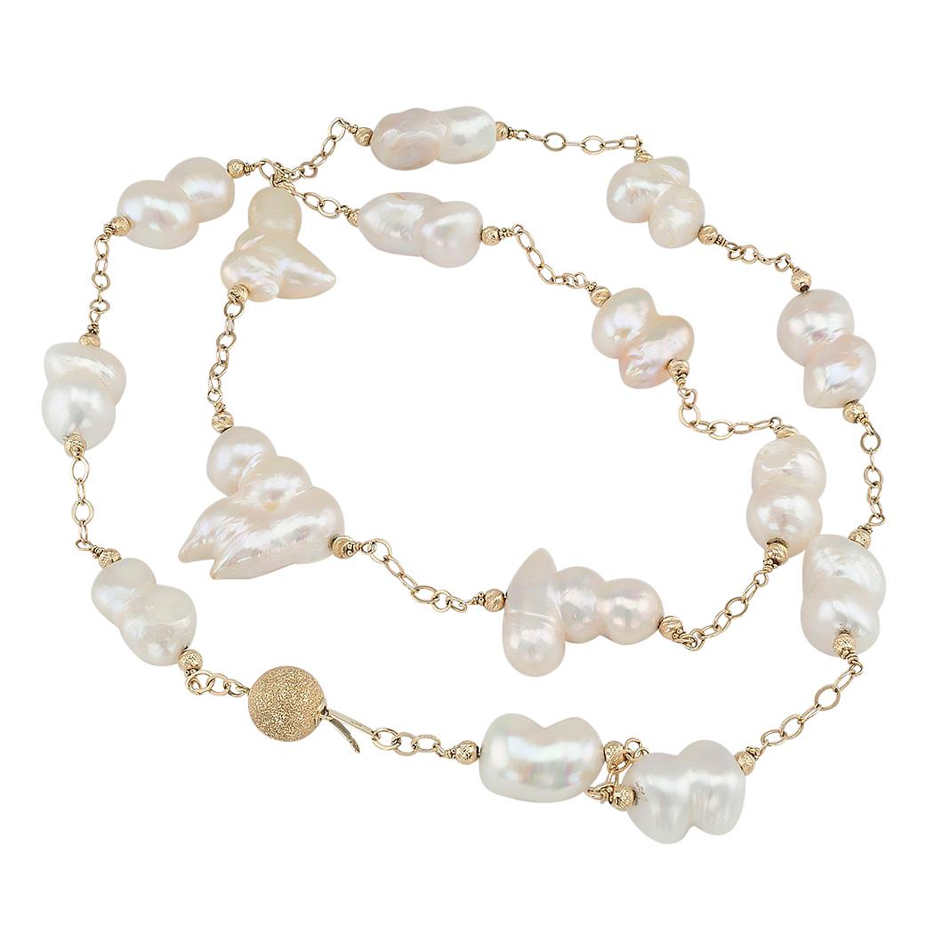 Uncut Baroque Cultured Freshwater Pearl Gold Long Necklace