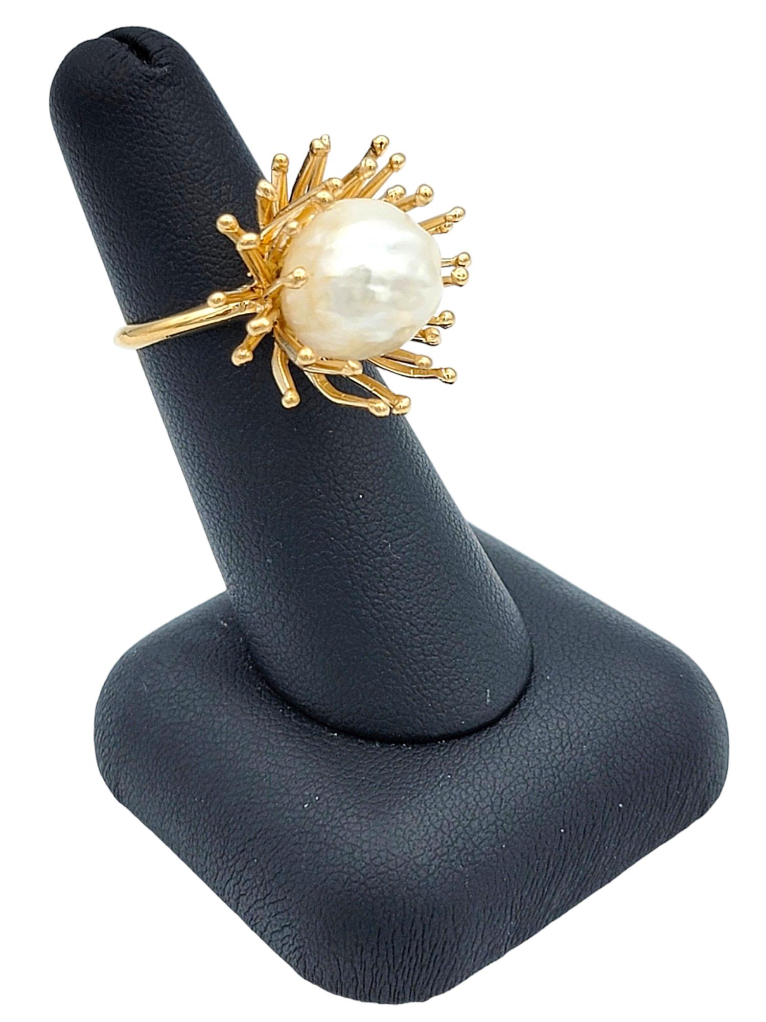 Baroque Cultured Pearl Spiky Spray Motif Cocktail Ring in 18 Karat Yellow Gold For Sale 4
