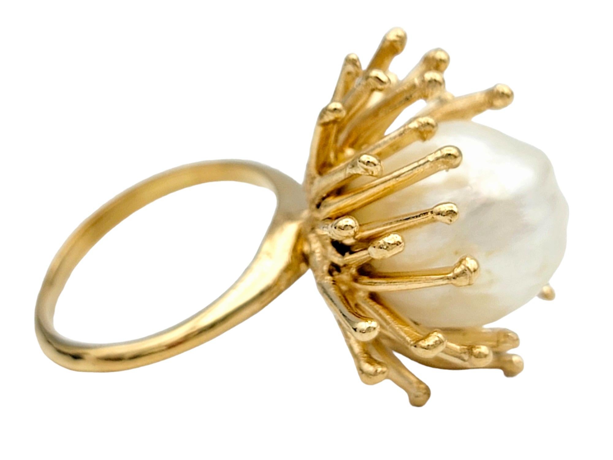 Contemporary Baroque Cultured Pearl Spiky Spray Motif Cocktail Ring in 18 Karat Yellow Gold For Sale