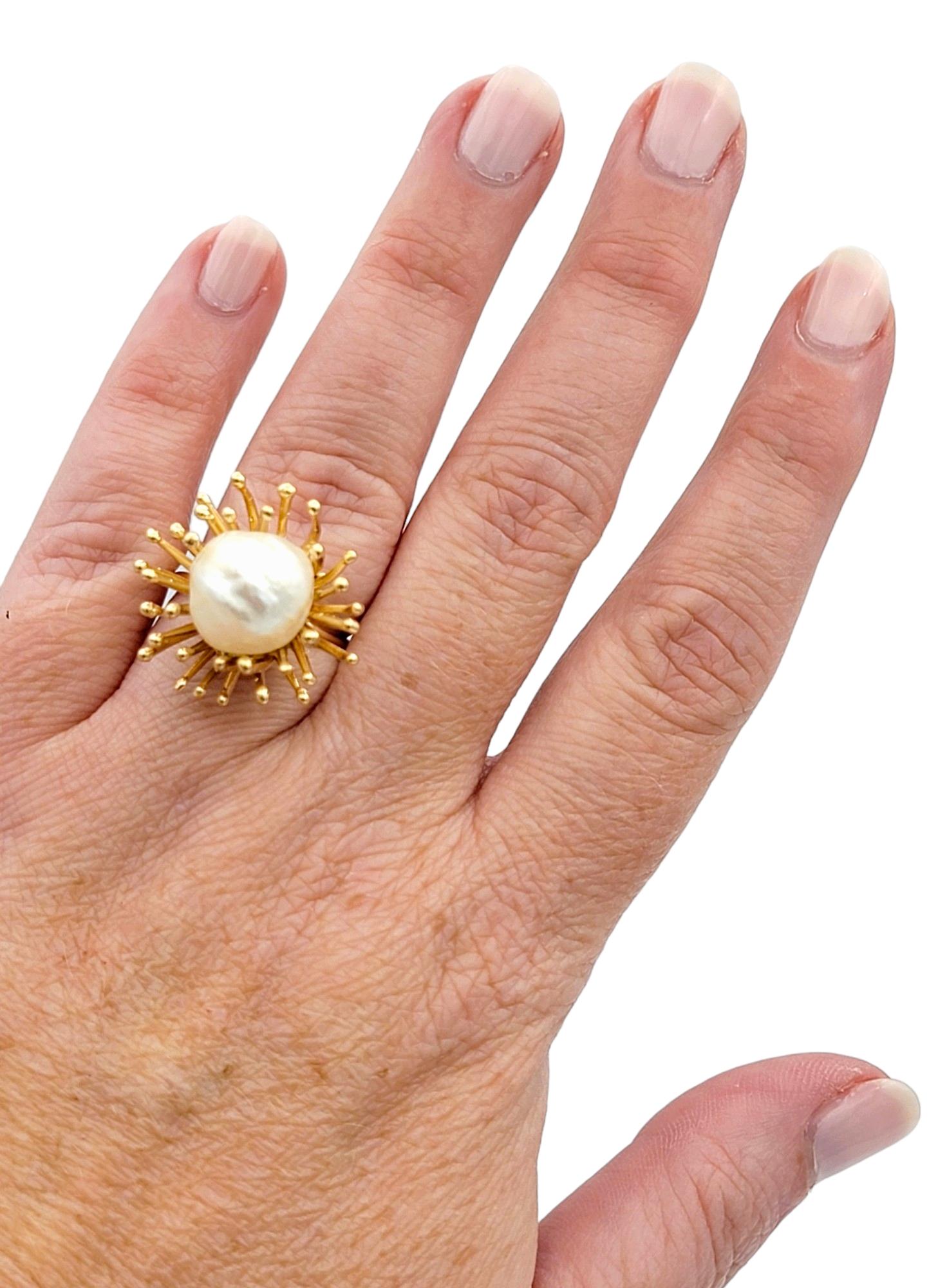 Baroque Cultured Pearl Spiky Spray Motif Cocktail Ring in 18 Karat Yellow Gold For Sale 1