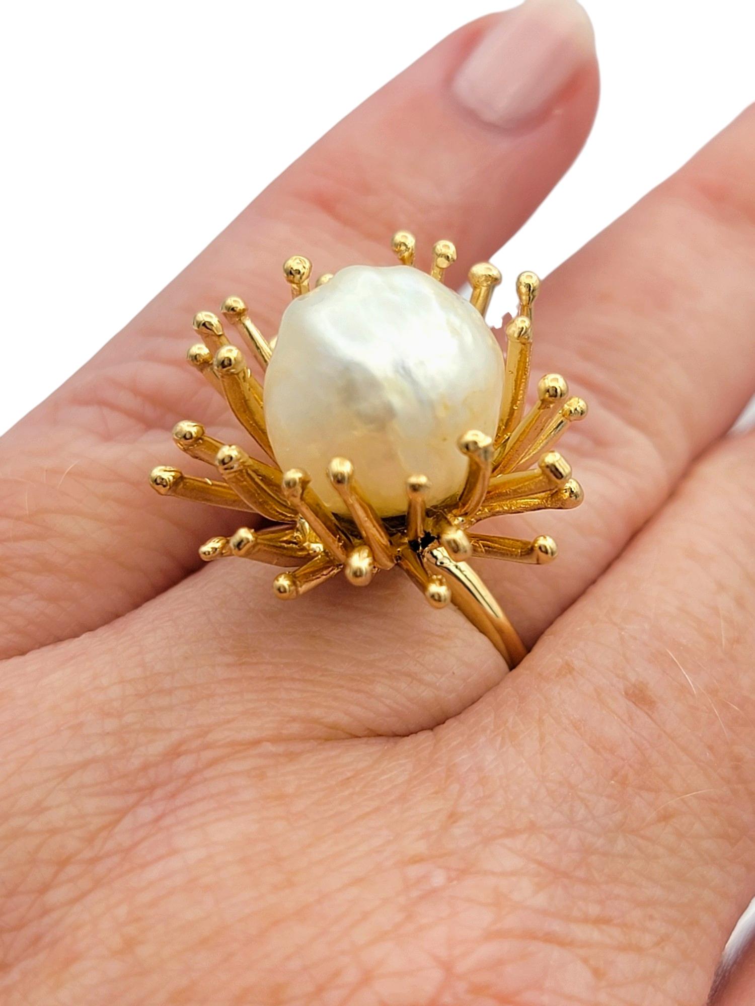 Baroque Cultured Pearl Spiky Spray Motif Cocktail Ring in 18 Karat Yellow Gold For Sale 2