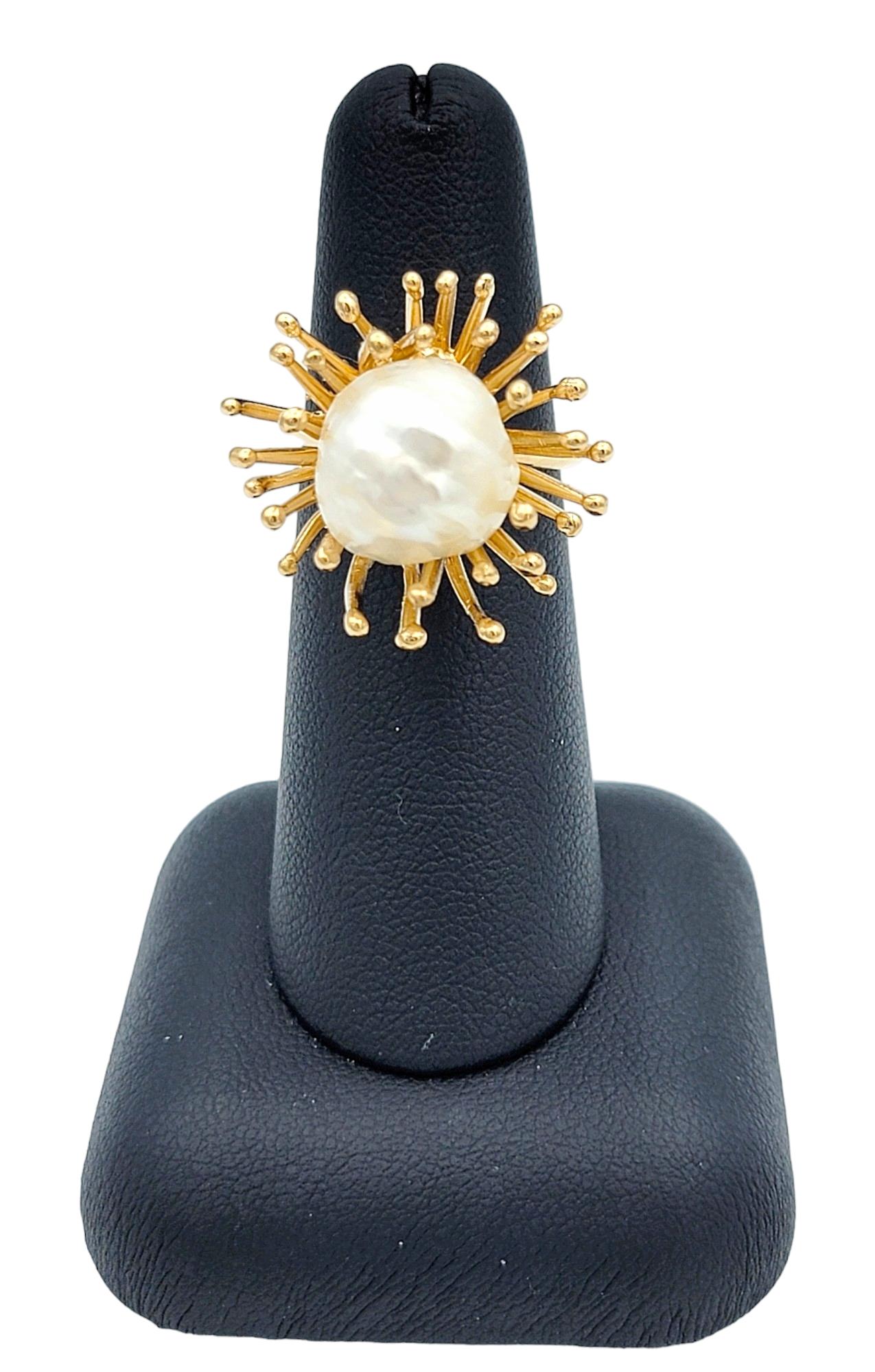 Baroque Cultured Pearl Spiky Spray Motif Cocktail Ring in 18 Karat Yellow Gold For Sale 3