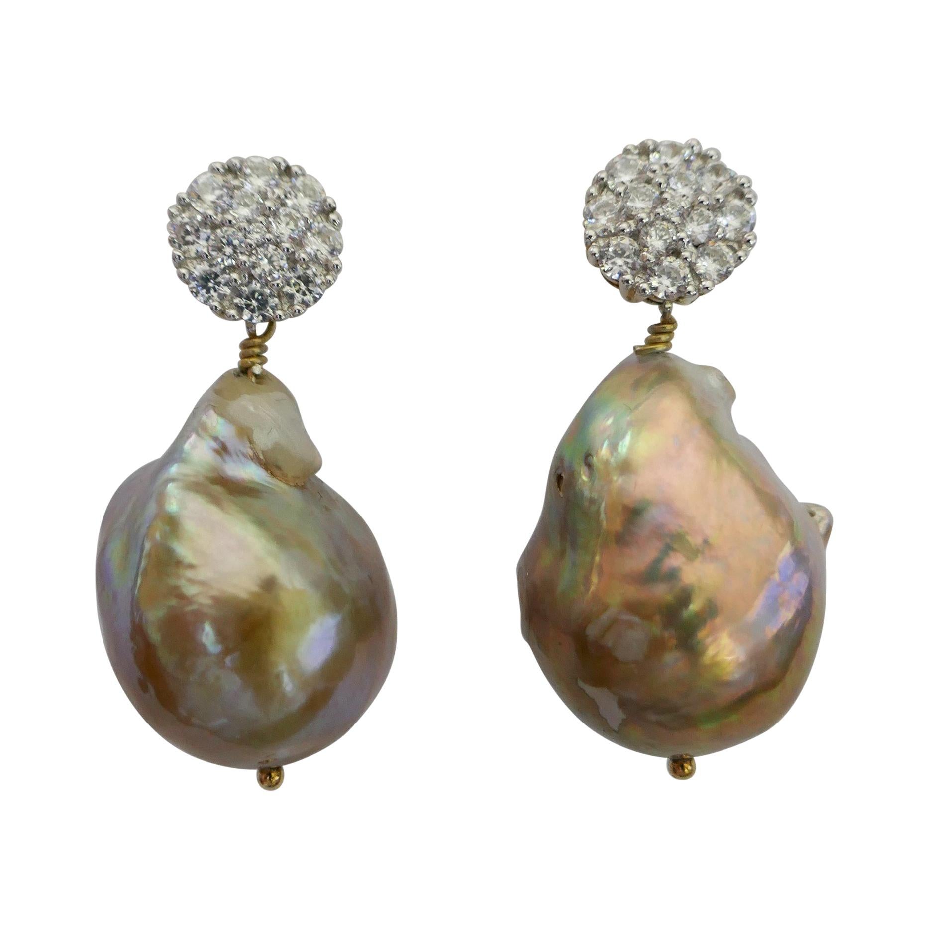 Baroque Cultured Pearls Cubic Zirconia 925 Sterling Silver Earrings