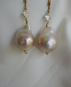 Baroque Cultured Pearls CZ 18k Gold Plated 925 Silver Diamonds Hoop Earrings