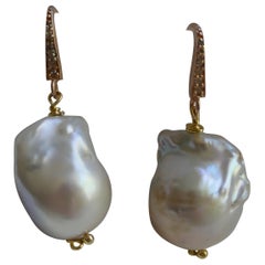 Baroque Cultured Pearls Diamonds 18k Rose Gold Plated 925 Sterling Hoop Earrings