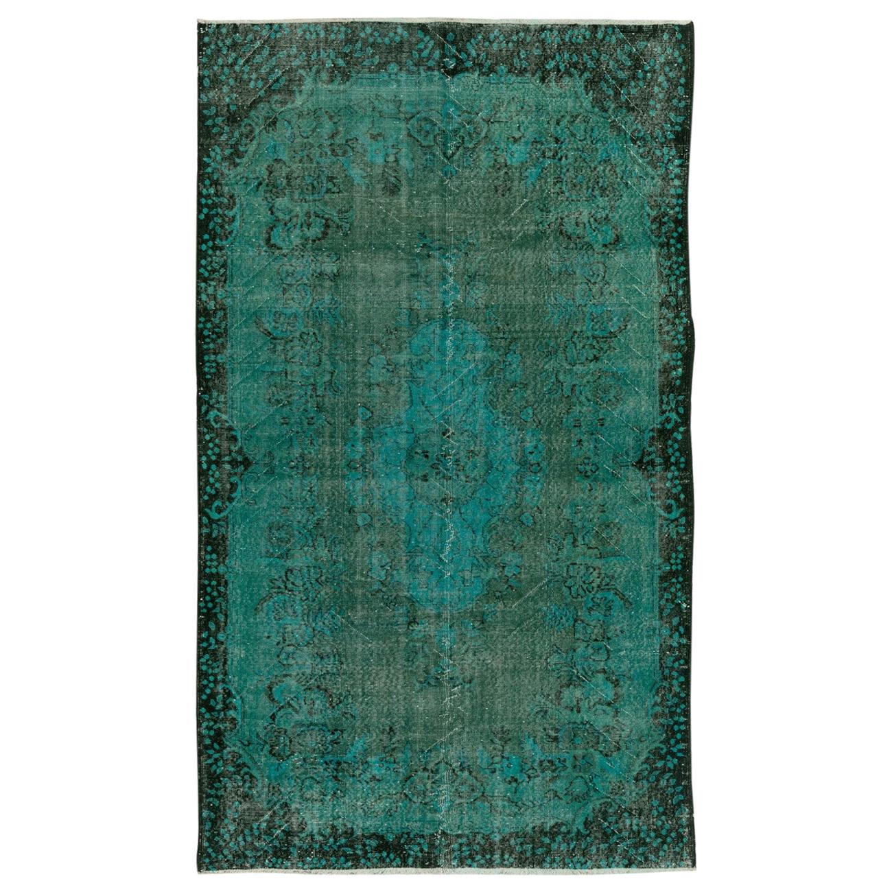 4.5x9 Ft One-of-a-Kind Vintage Area Rug Over-Dyed in Teal Color, Handmade Carpet