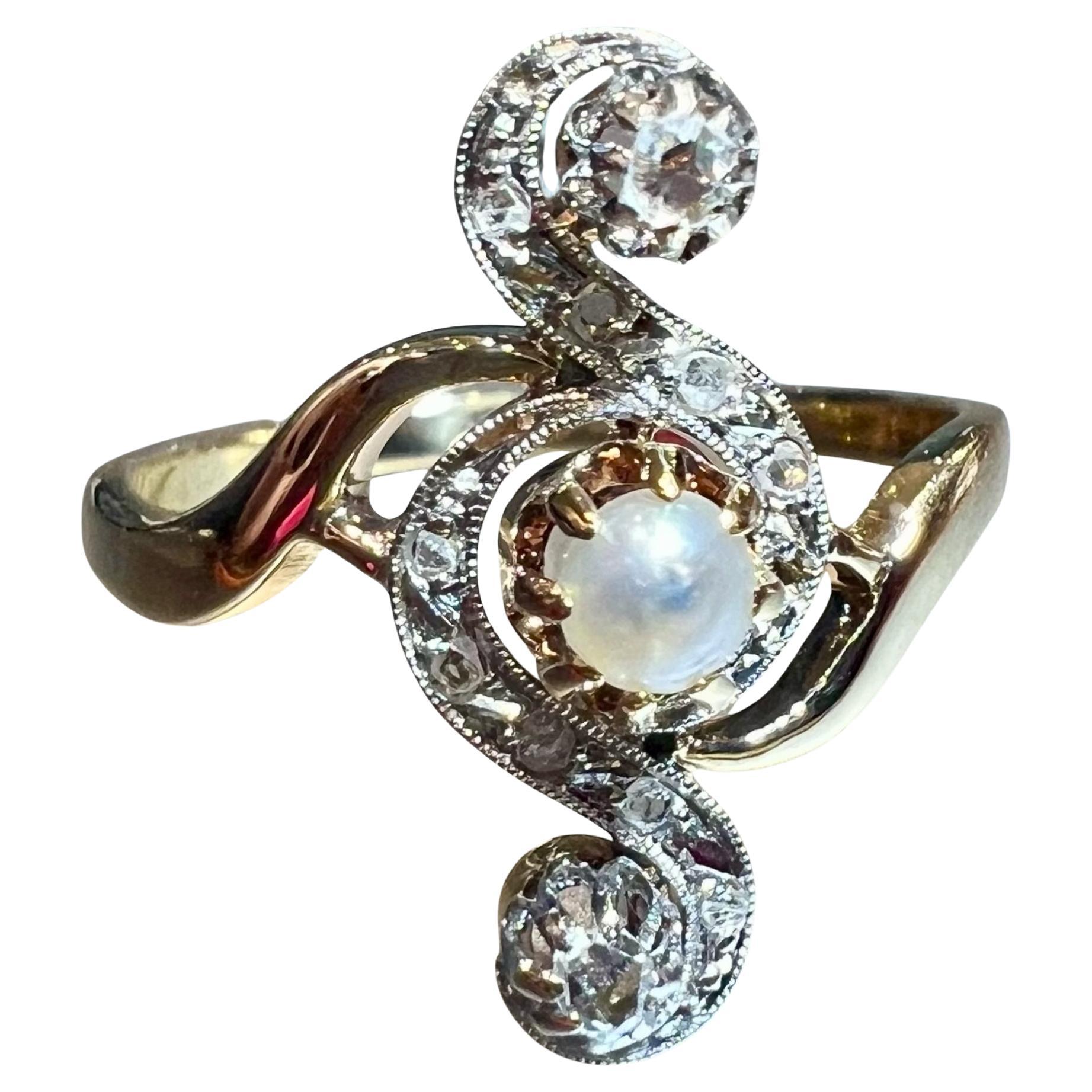 Anillo barroco de diamantes y perlas, oro de 18 quilates, diamantes talla rosa, finales del siglo XIX en venta