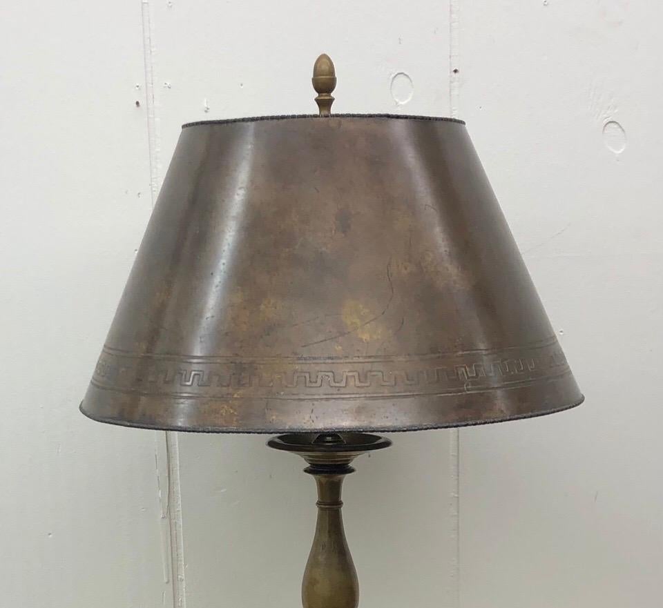 American  Baroque E. F. Caldwell Bronze Lamp with Greek Key Patinated Brass Shade