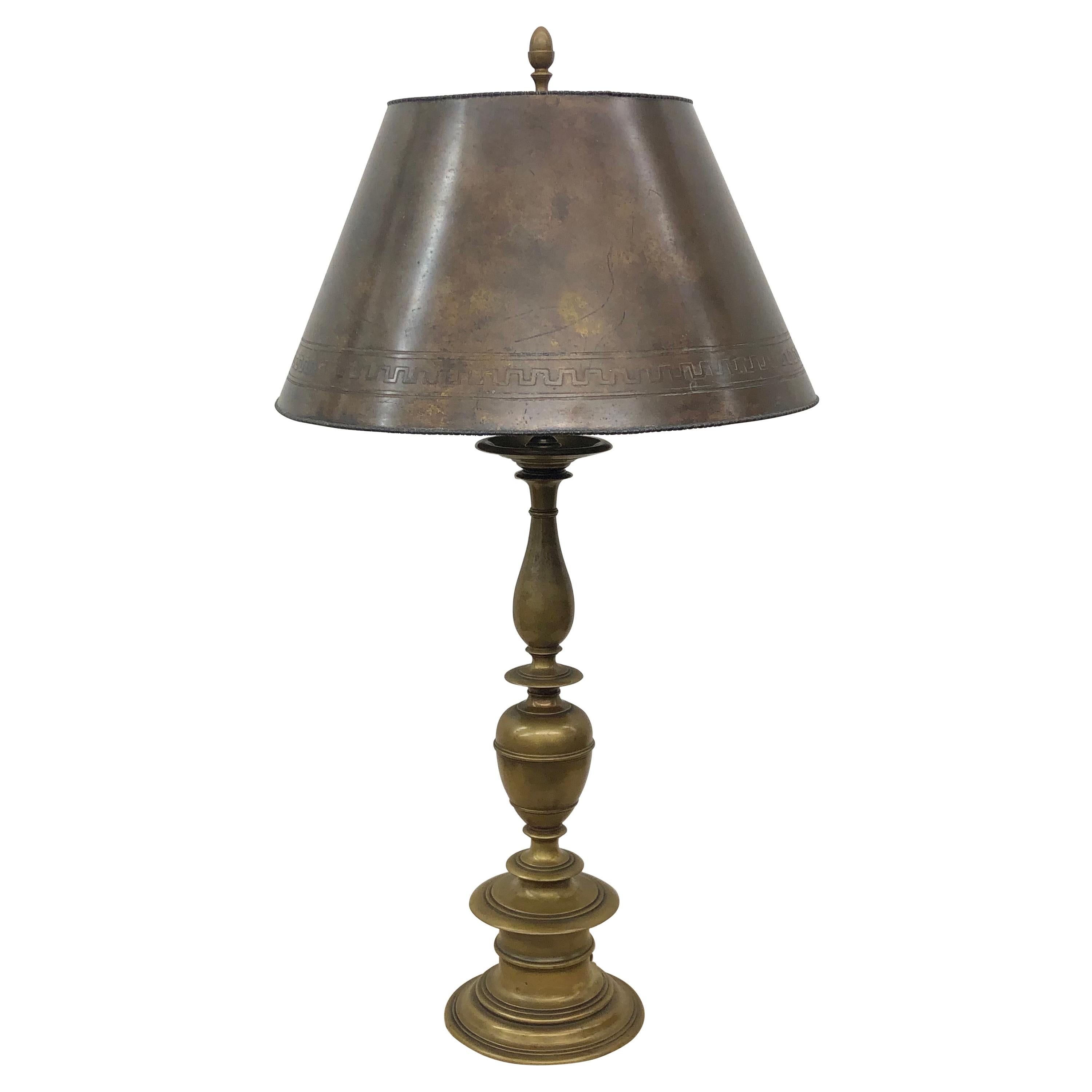  Baroque E. F. Caldwell Bronze Lamp with Greek Key Patinated Brass Shade