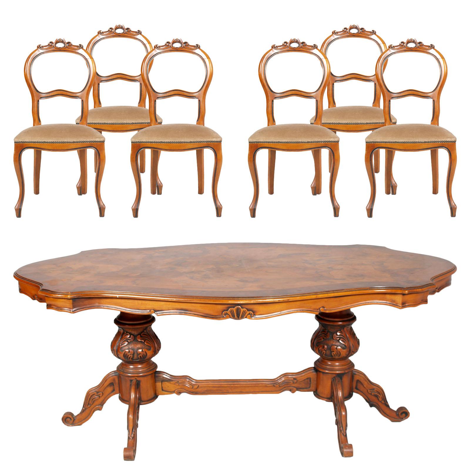Age Art Deco Baroque Dining Table & Chairs , Louis Philippe, Ferrarese Burl