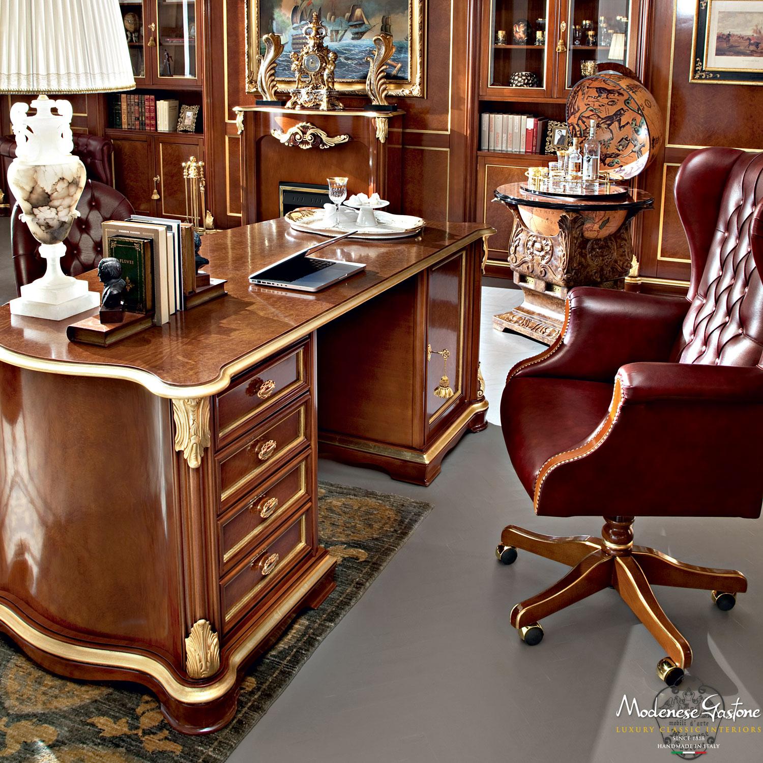 Neoclassical Baroque Figuerd Office Desk with Gold Leaf Details and Veneer by Modenese Luxury For Sale