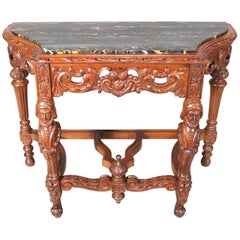 Baroque Figural Maritime Carved Walnut Marble Top Console Table, 20th Century