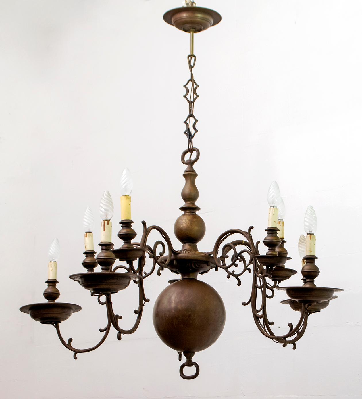 18th Century and Earlier Baroque Five-Armed Italian Bronze Chandelier, 1700s For Sale