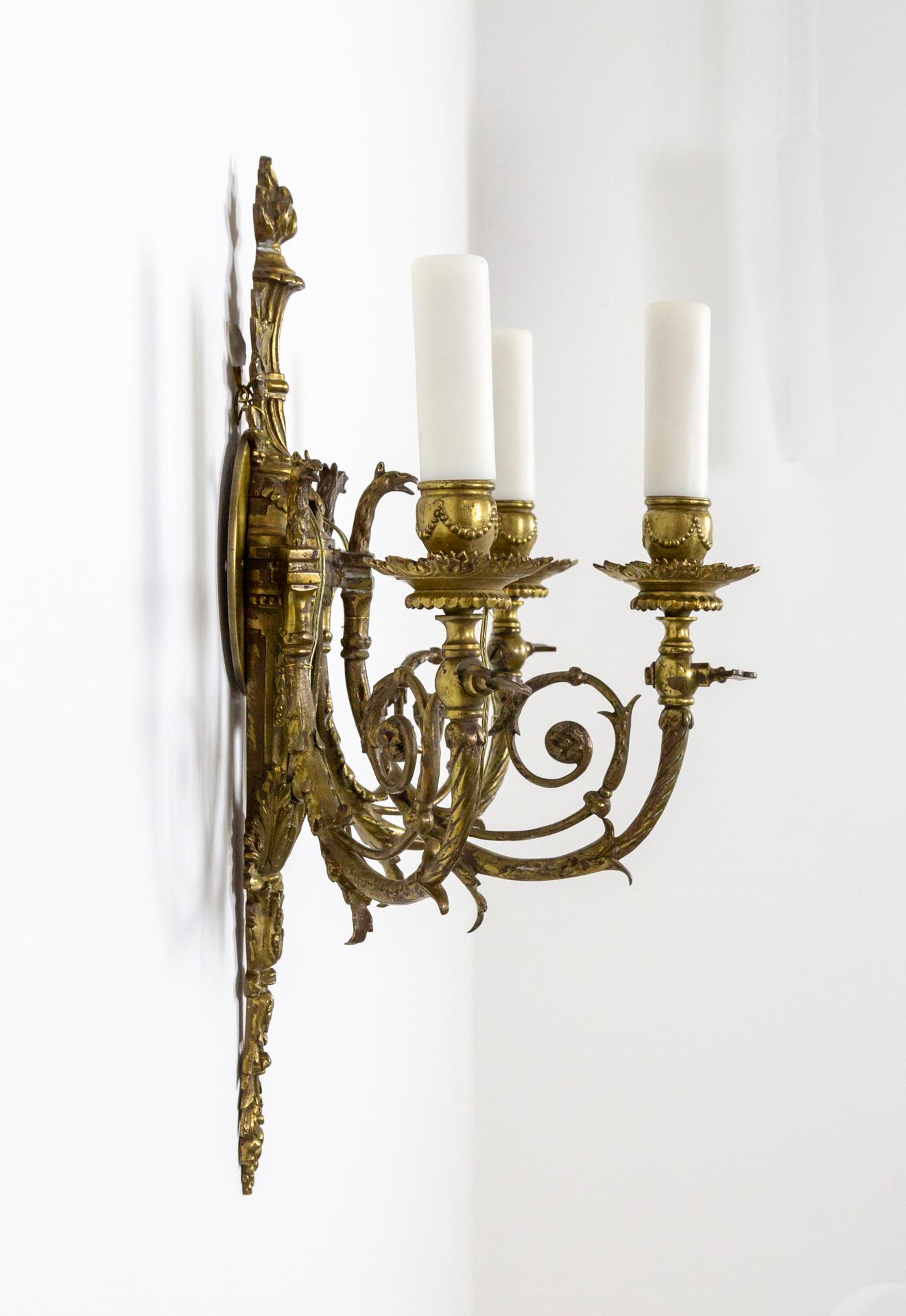 French Baroque Foliate 3-Arm Brass Sconces w/ Griffin Heads 'Pair'