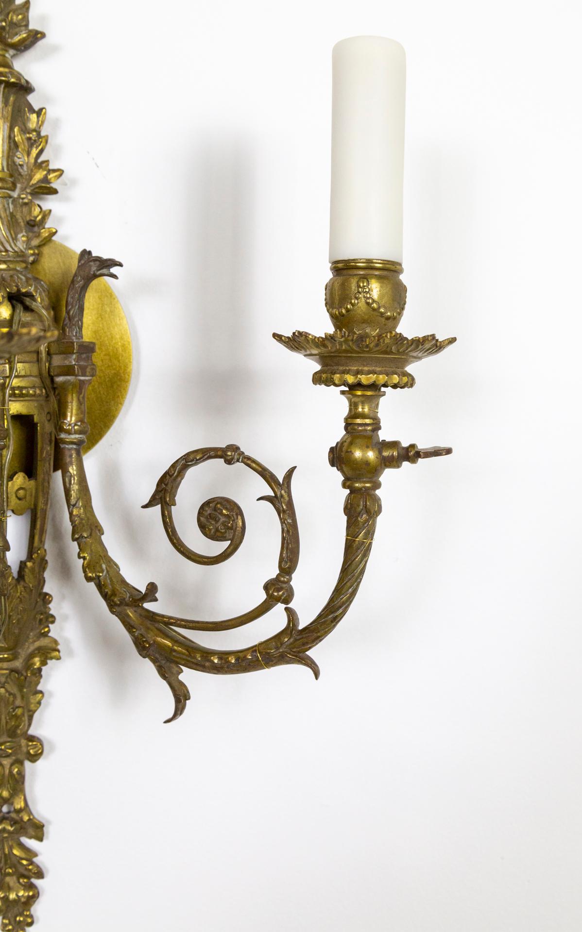 Baroque Foliate 3-Arm Brass Sconces w/ Griffin Heads 'Pair' In Good Condition In San Francisco, CA