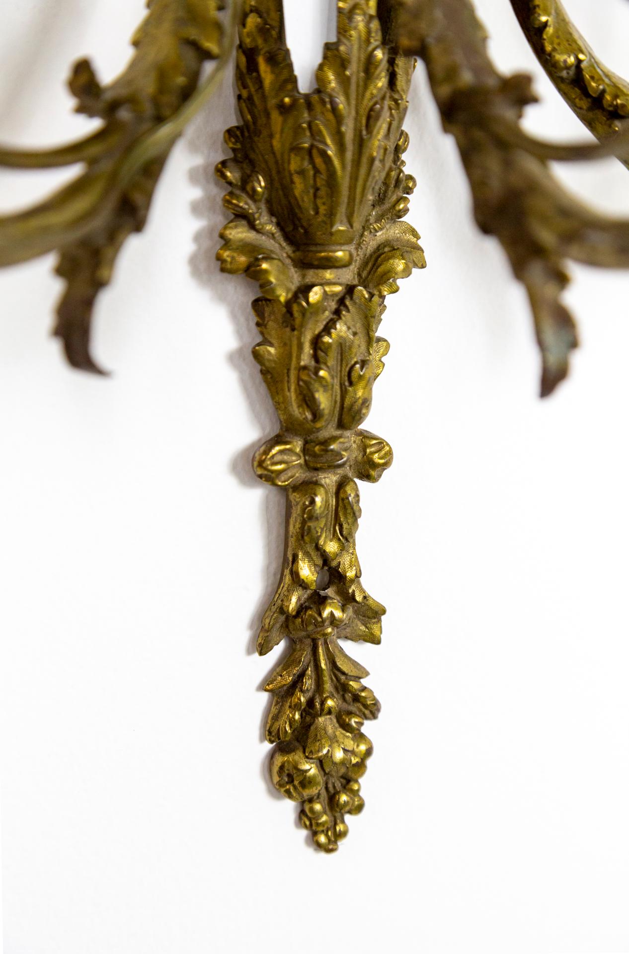 Late 19th Century Baroque Foliate 3-Arm Brass Sconces w/ Griffin Heads 'Pair'