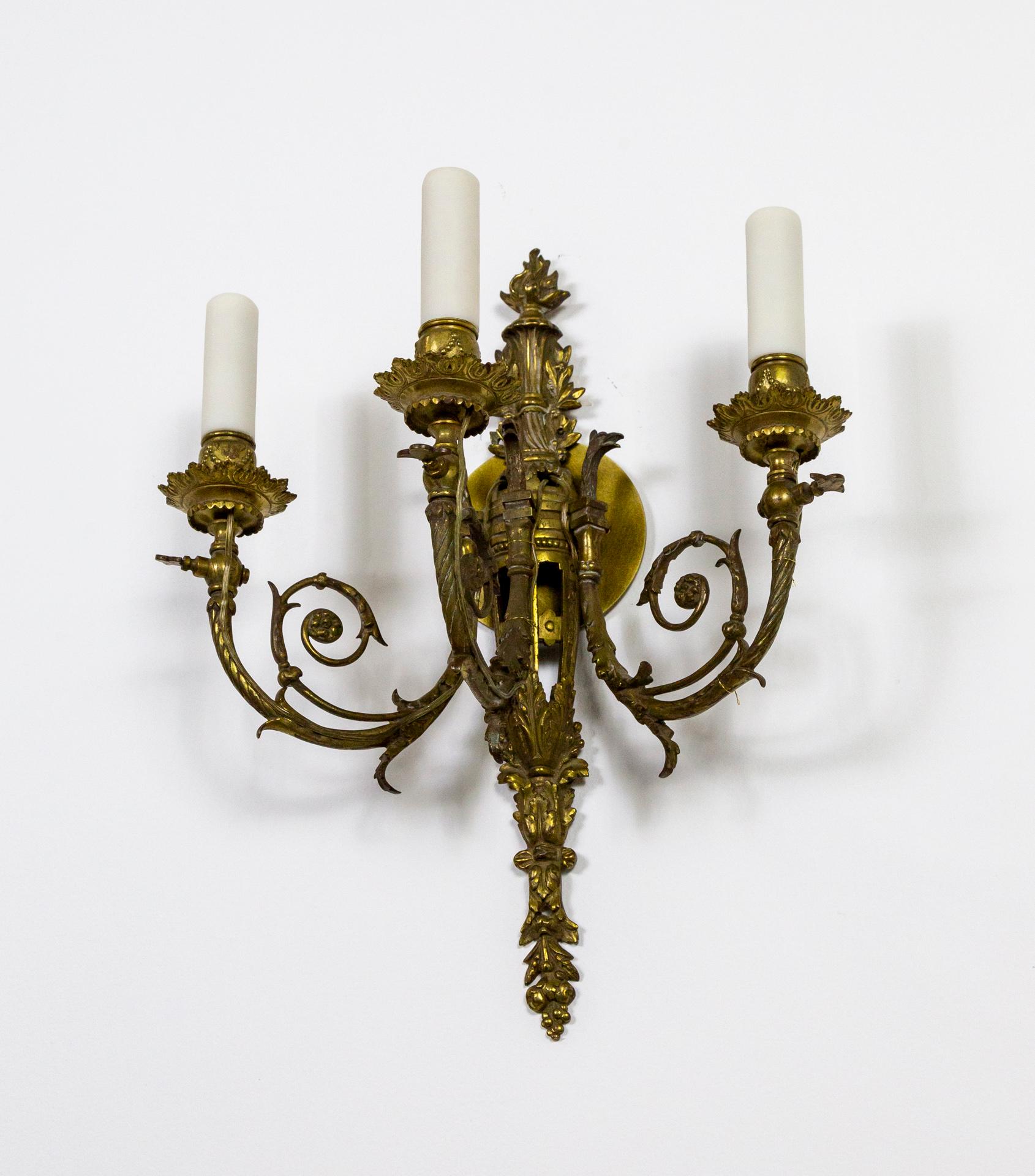 Baroque Foliate 3-Arm Brass Sconces w/ Griffin Heads 'Pair' 3