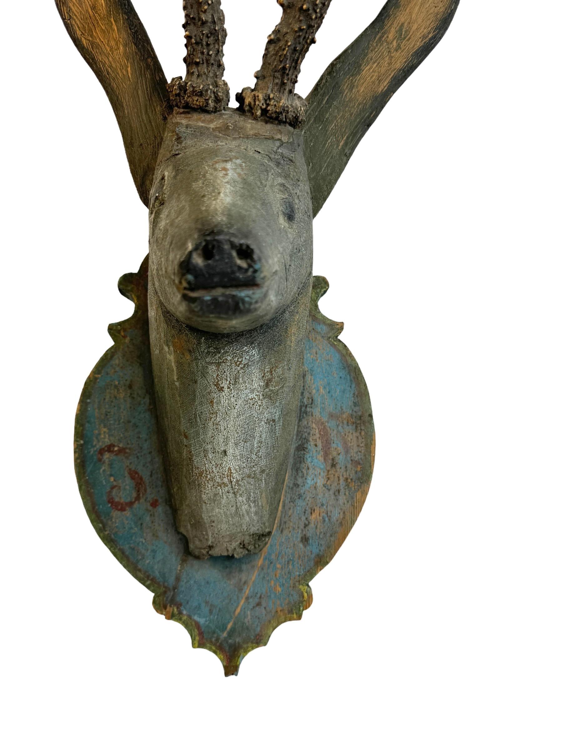 Baroque Folk Art Wood Carved Deer Head with Real Antlers, Austria 18th Century 4