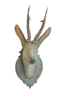 Baroque Folk Art Wood Carved Deer Head with Real Antlers, Austria 18th Century