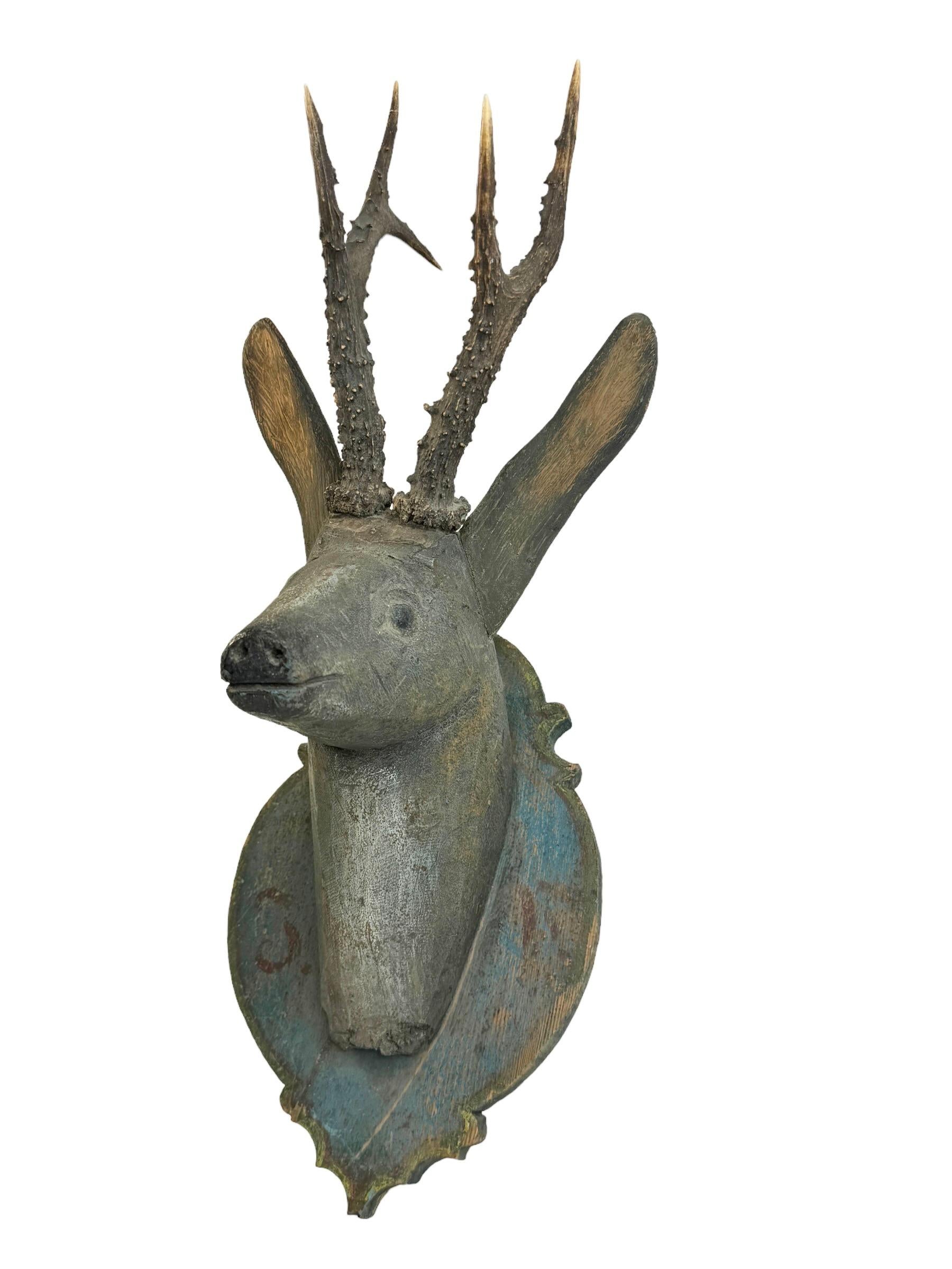 Austrian Baroque Folk Art Wood Carved Deer Head with Real Antlers, Austria 18th Century