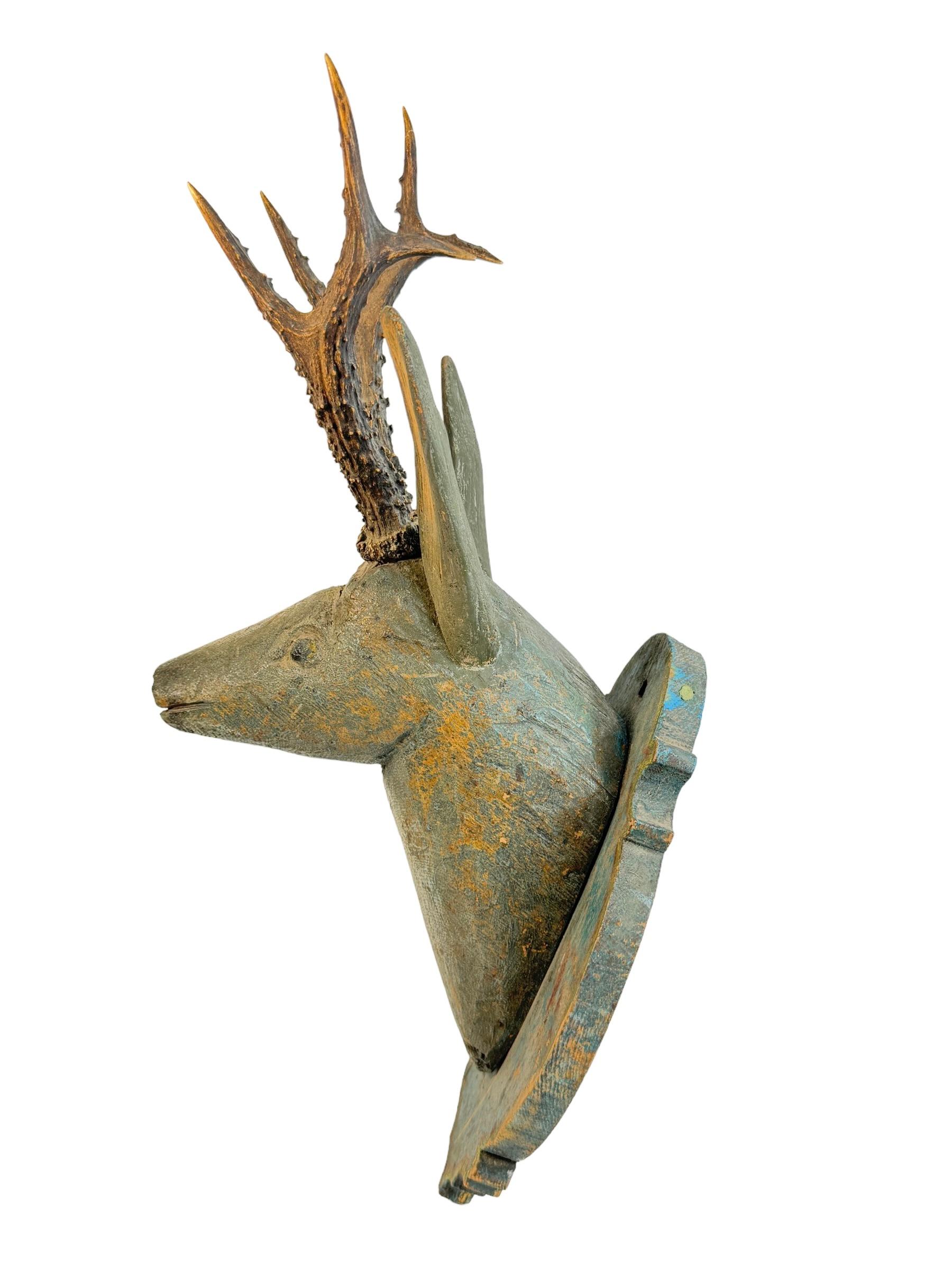 Hand-Carved Baroque Folk Art Wood Carved Deer Head with Real Antlers, Austria 18th Century