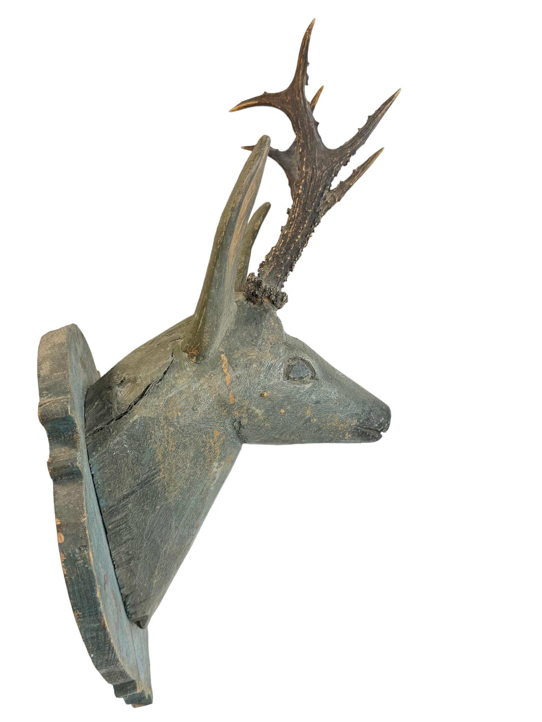 Late 18th Century Baroque Folk Art Wood Carved Deer Head with Real Antlers, Austria 18th Century