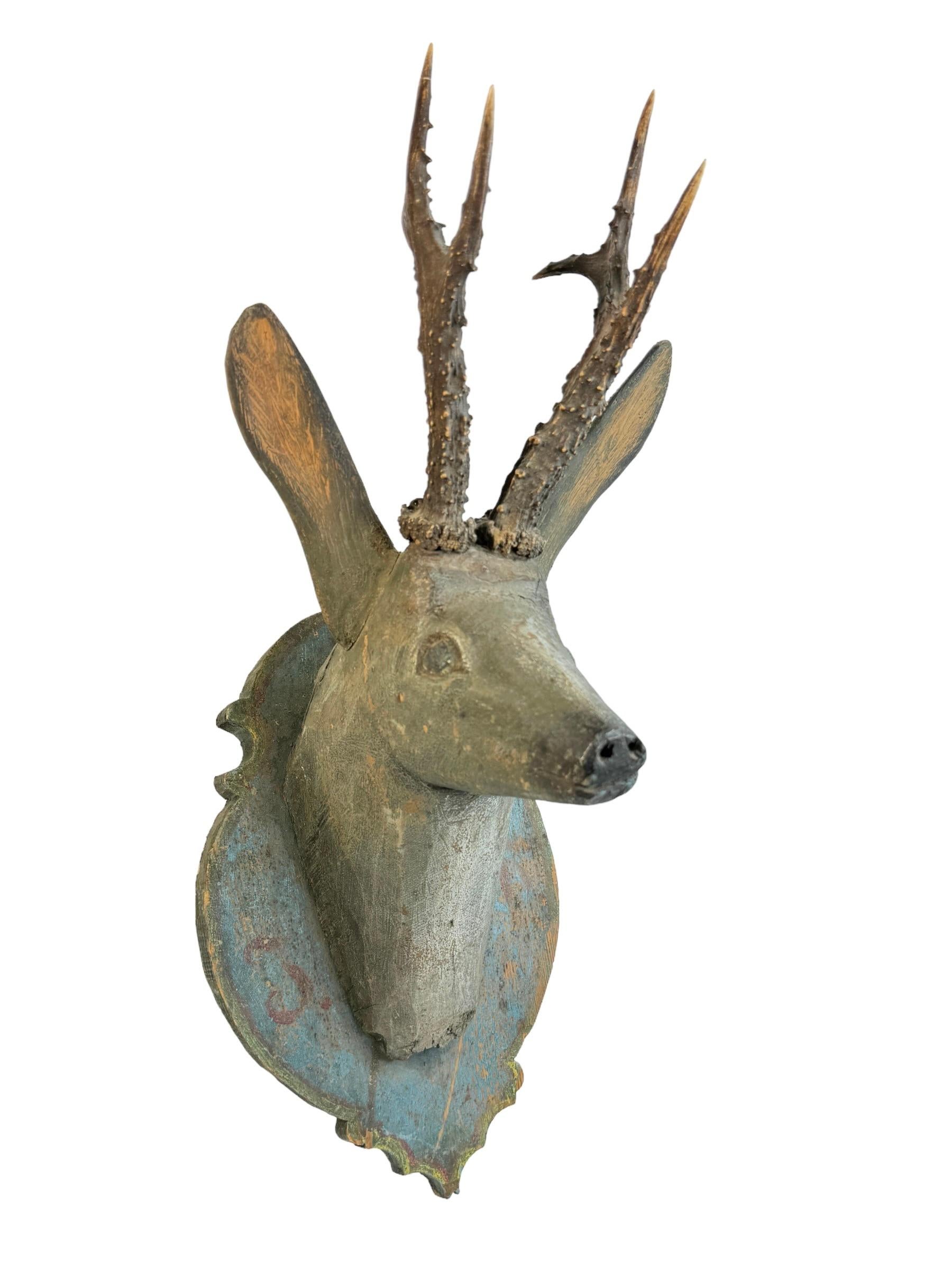 Baroque Folk Art Wood Carved Deer Head with Real Antlers, Austria 18th Century 1