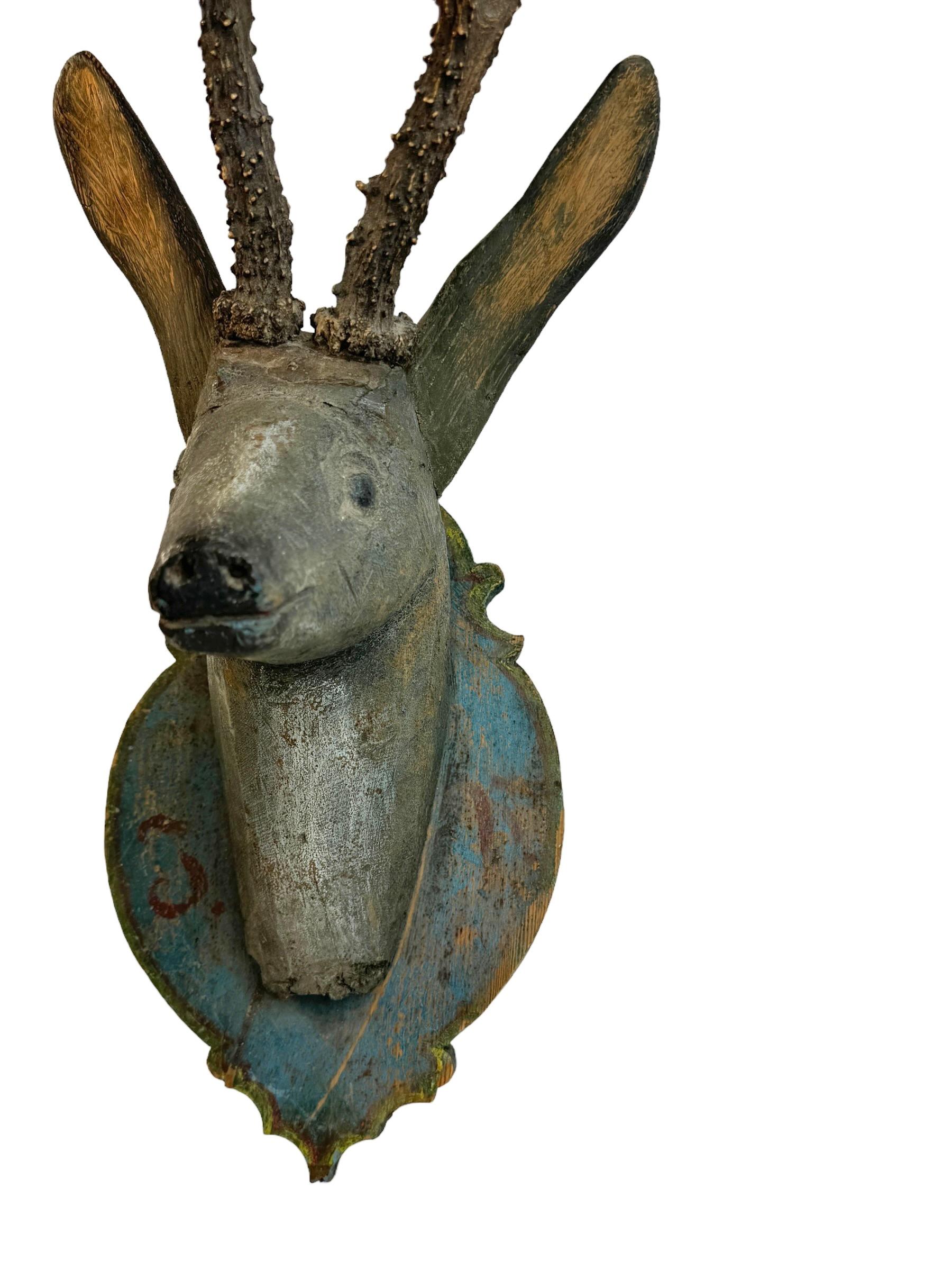Baroque Folk Art Wood Carved Deer Head with Real Antlers, Austria 18th Century 3