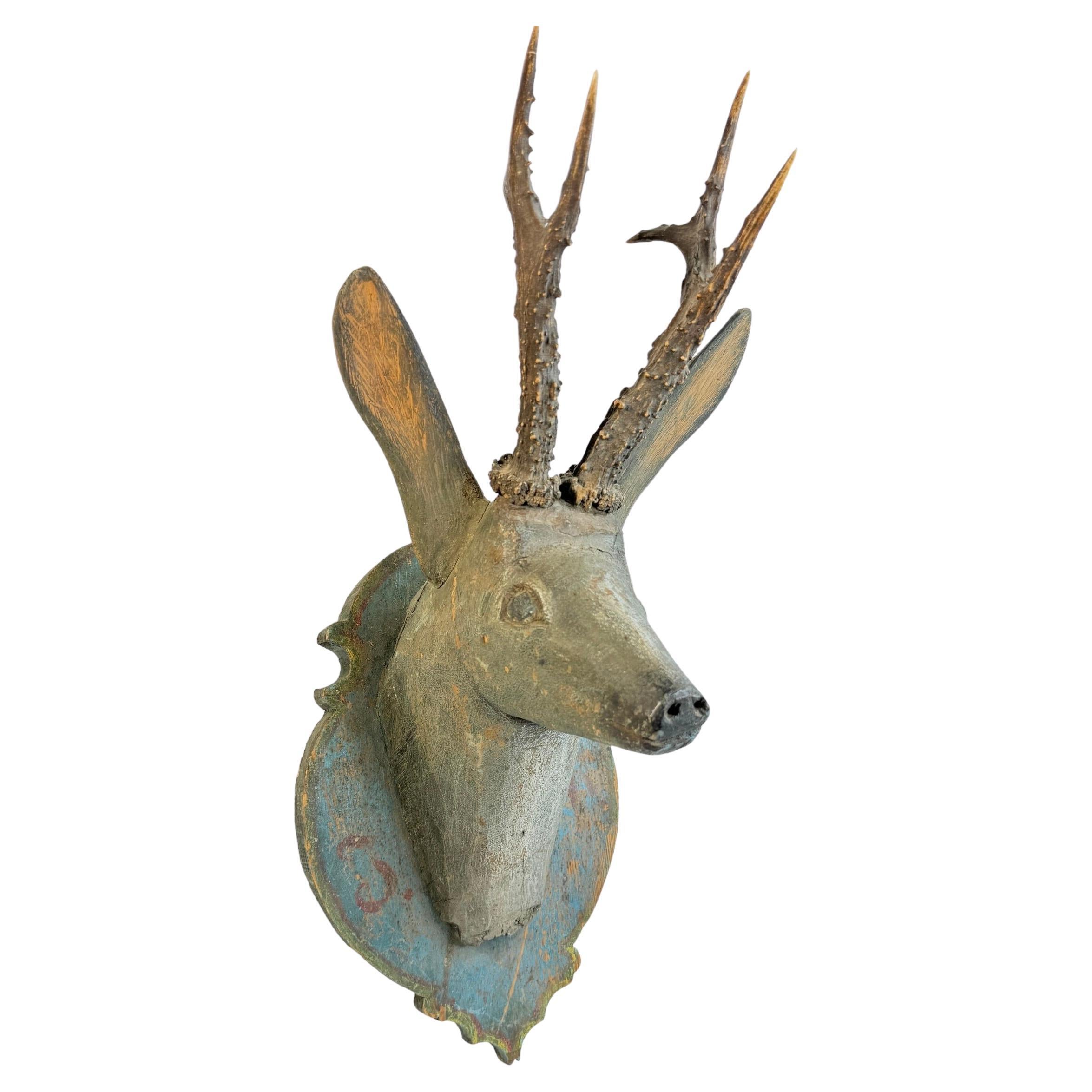 Baroque Folk Art Wood Carved Deer Head with Real Antlers, Austria 18th Century