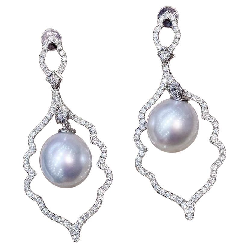 【Lustre Arc】Baroque Frame Aurora South Sea Pearl Diamond Drop Earrings For Sale