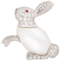 Baroque Freshwater Pearl and Diamond Rabbit Pin Brooch Set in 18 Karat Gold