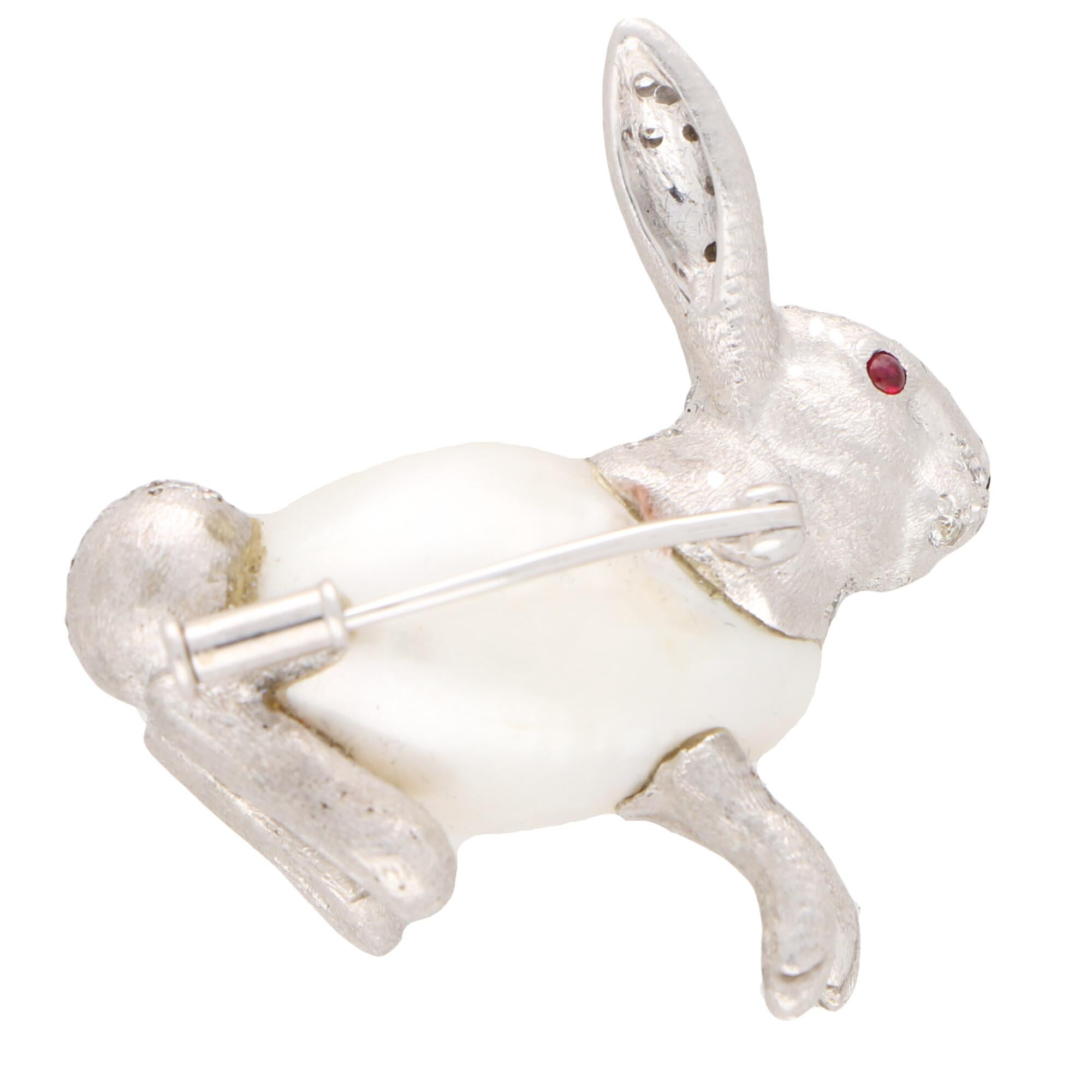 Baroque Freshwater Pearl and Diamond Rabbit Pin Brooch Set in 18 Karat ...