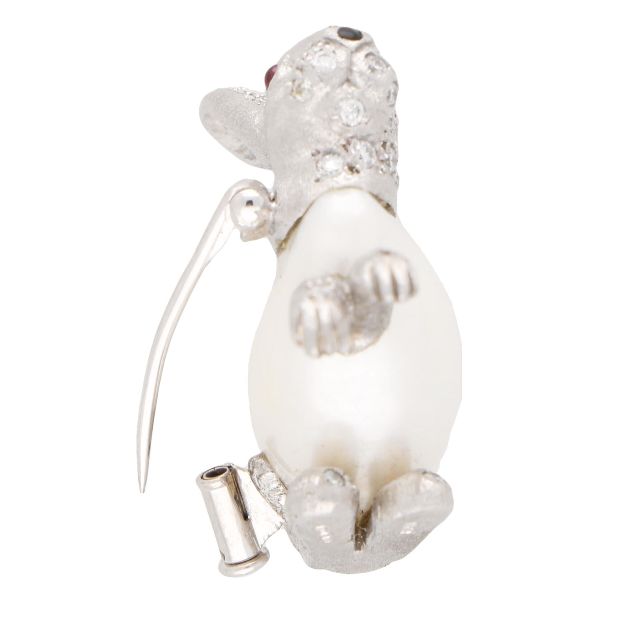Modern Baroque Freshwater Pearl and Diamond Rabbit Pin Brooch Set in 18 Karat Gold