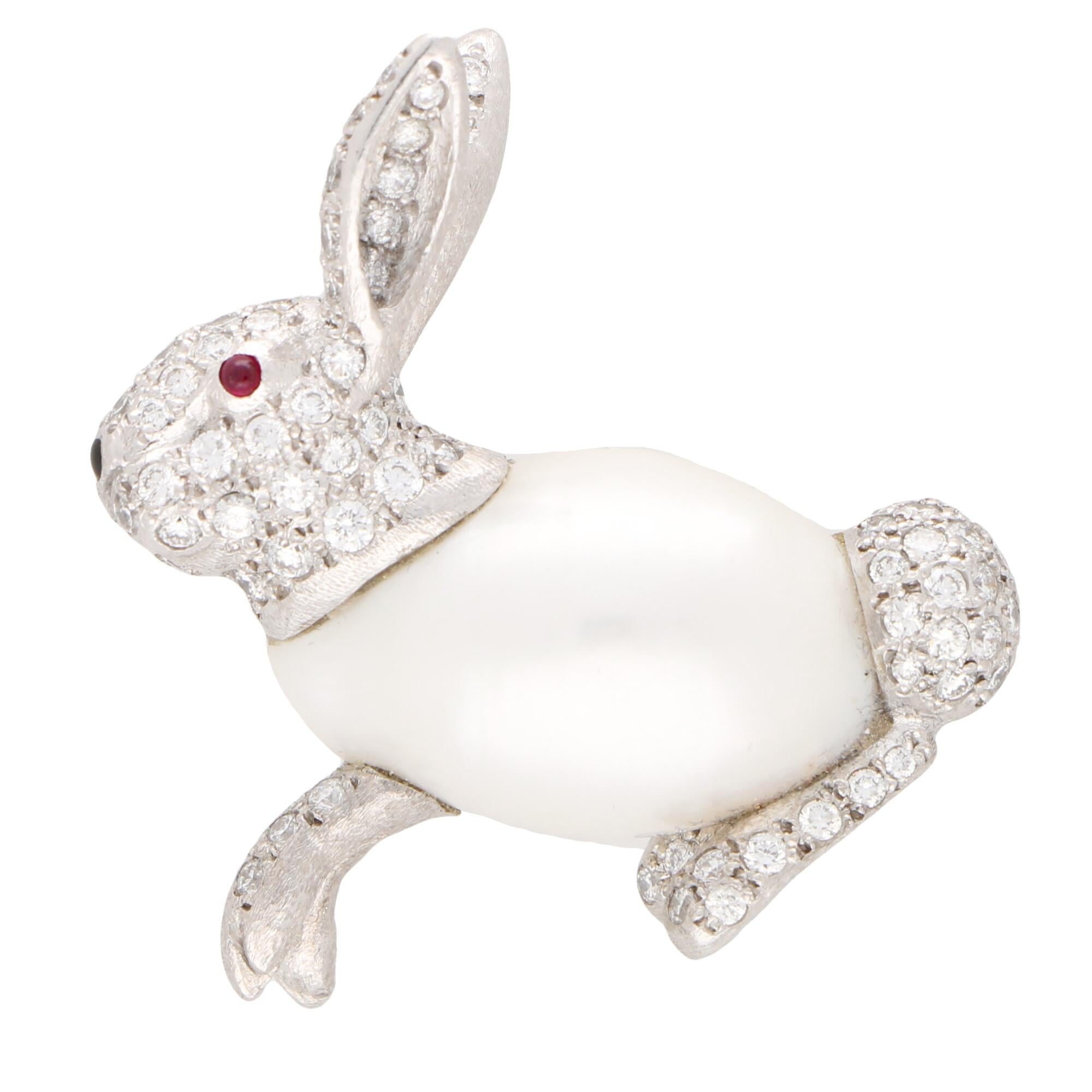 Round Cut Baroque Freshwater Pearl and Diamond Rabbit Pin Brooch Set in 18 Karat Gold