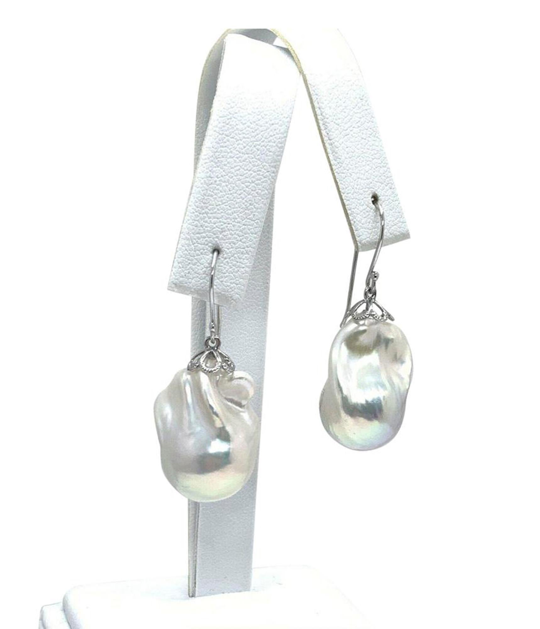 Modern Baroque Freshwater Pearl Earrings 14k White Gold Certified